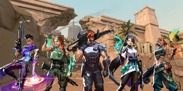 Astra, Skye, Brimstone, Sage, and Raze in front of Bind map