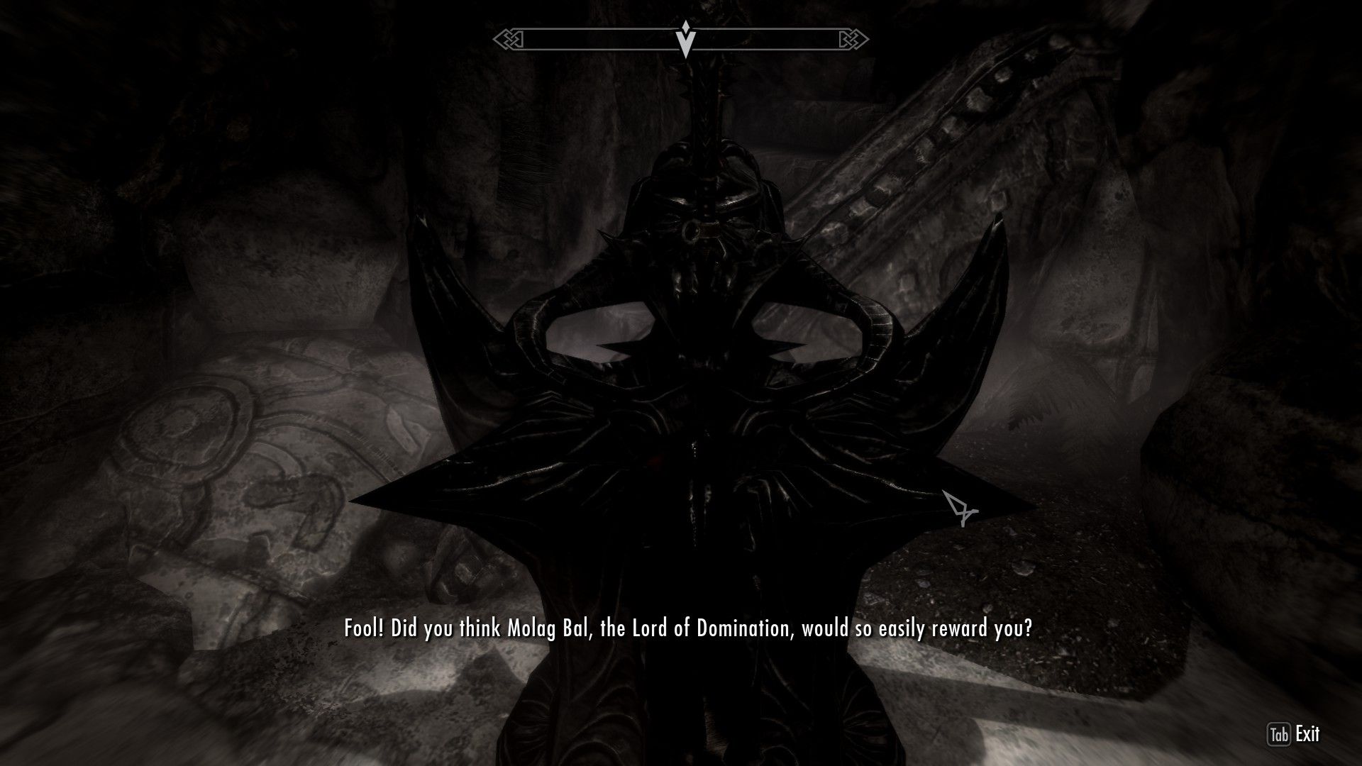 A malevolent god speaks to a hapless adventurer through his profane, black metal altar
