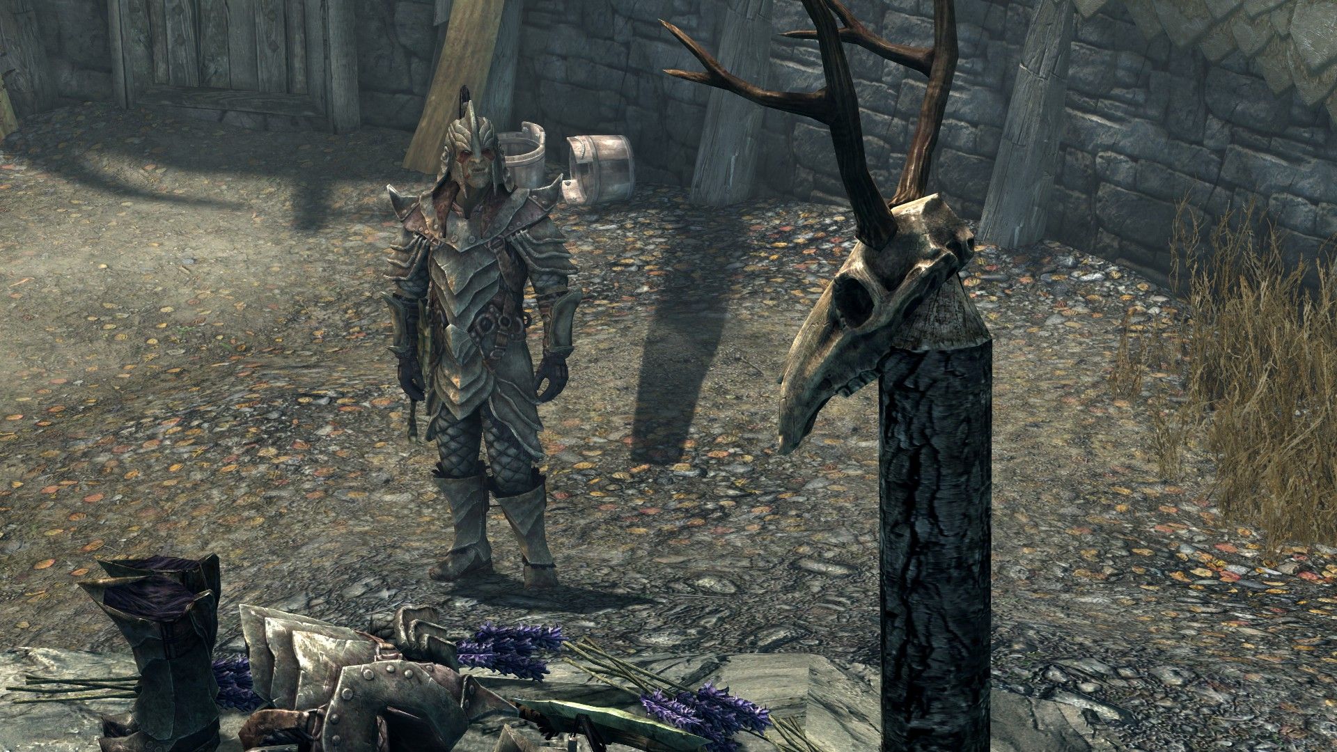 An orc in full armor stares at an animal skull that his god is speaking through.