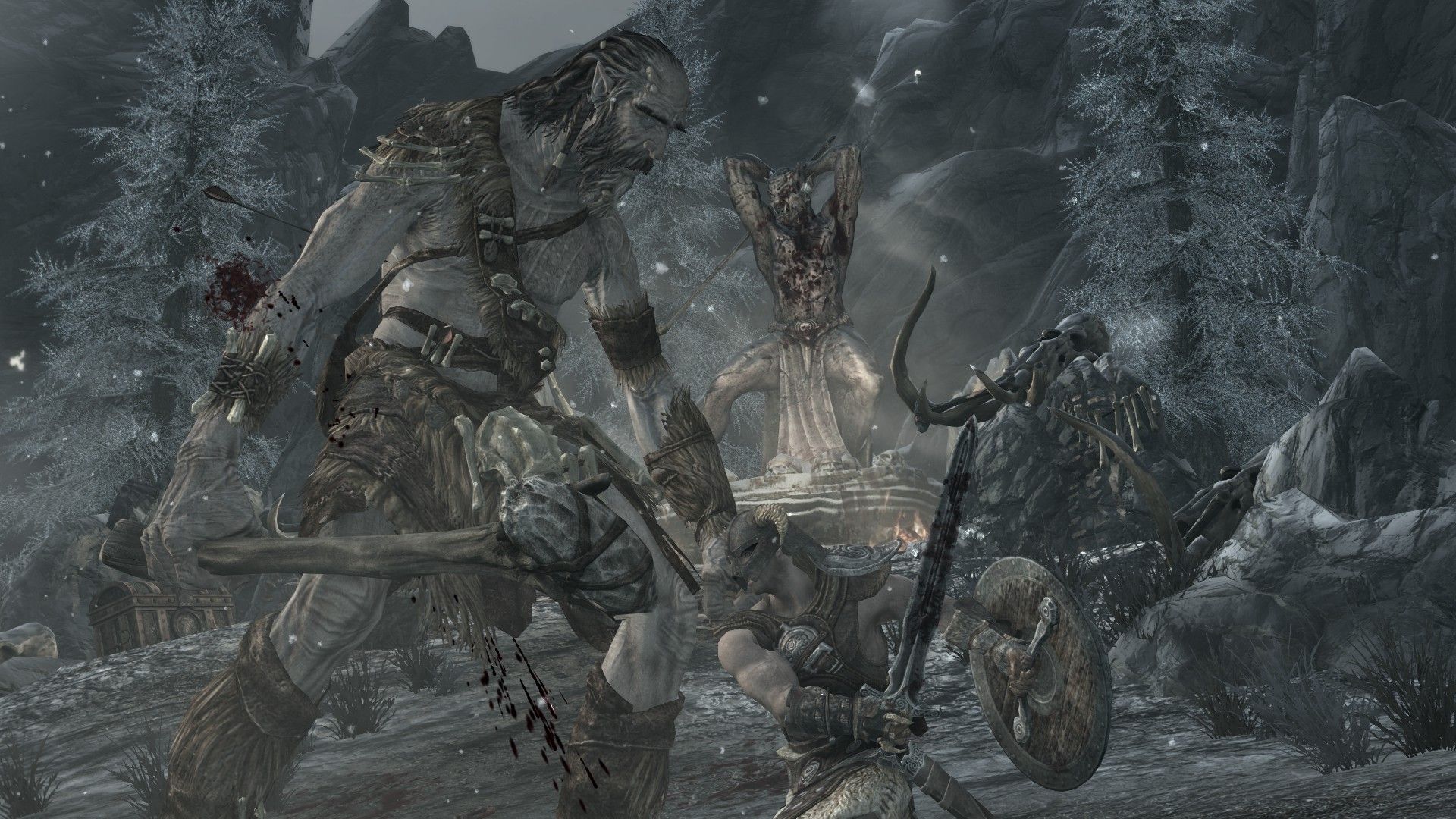 A warrior fights a menacing giant with a sword with a blood-drenched altar in the background.