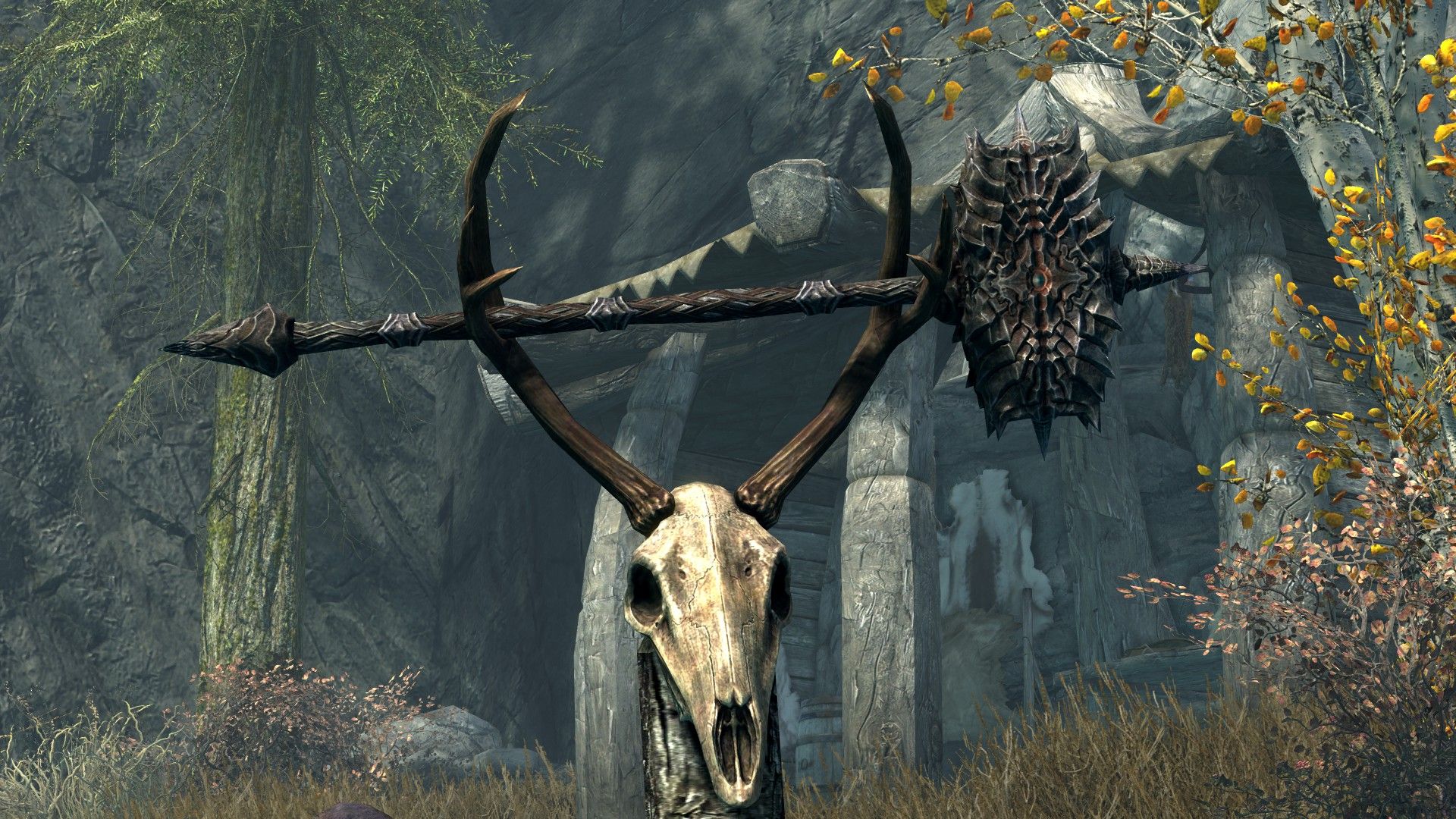 A menacing hammer is held between an elk's antlers.