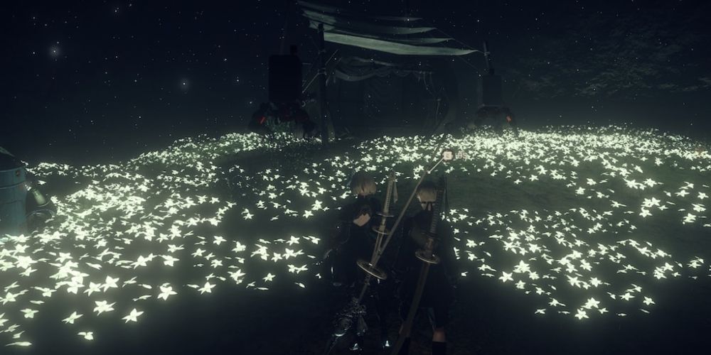 2B and 9S in Emil's underground field of Lunar Tears in Nier Automata