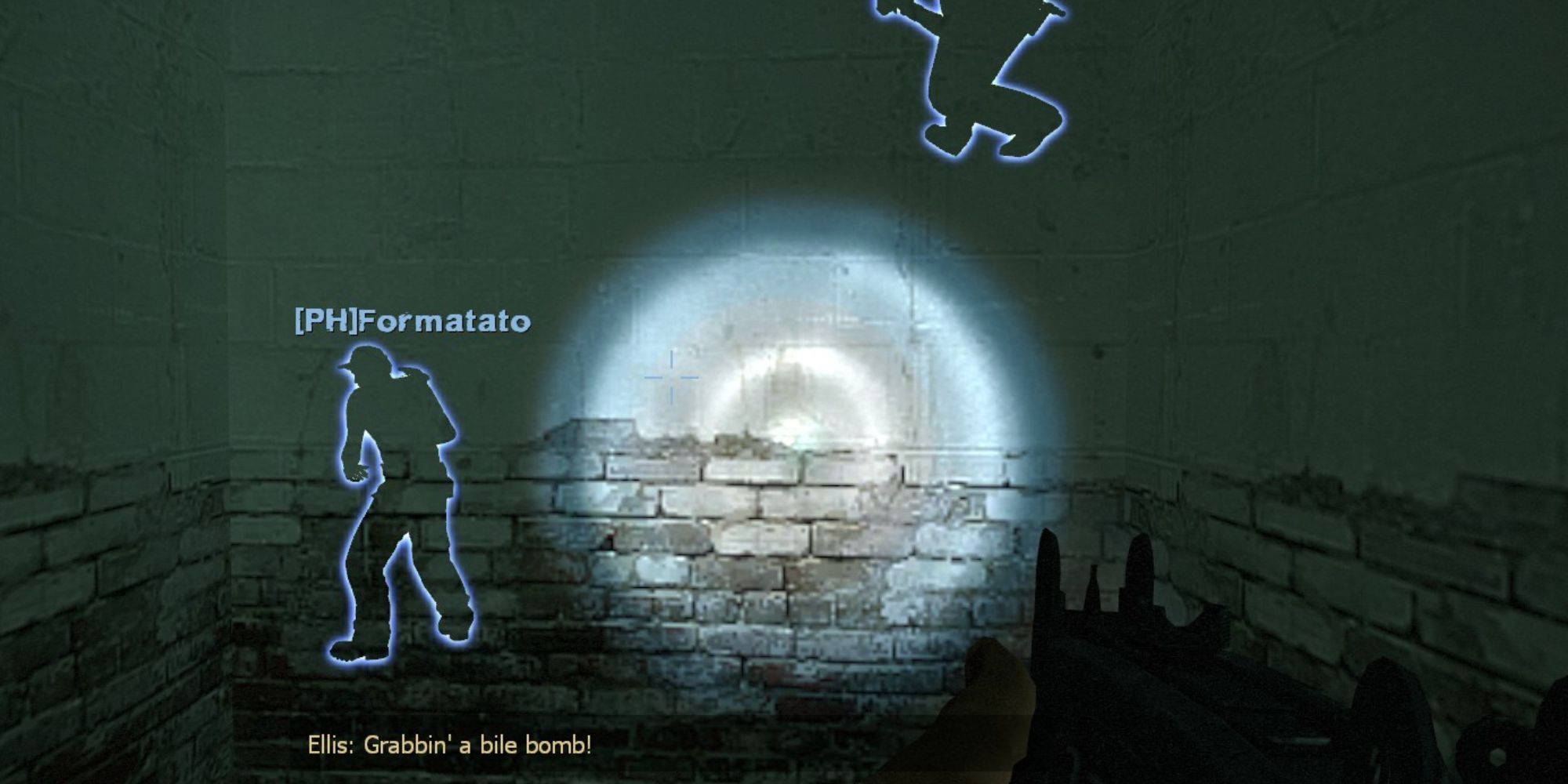 a bluish flashlight is pointed at a brick wall