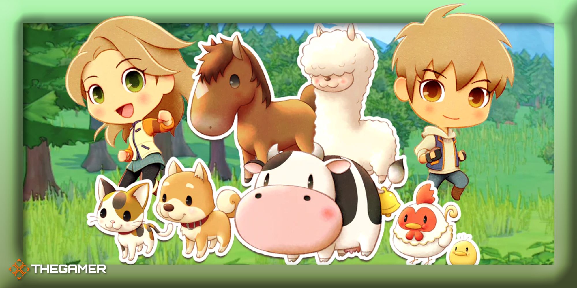 Key artwork from Story Of Seasons: Pioneers Of Olive Town that depicts the player characters and a range of animals.