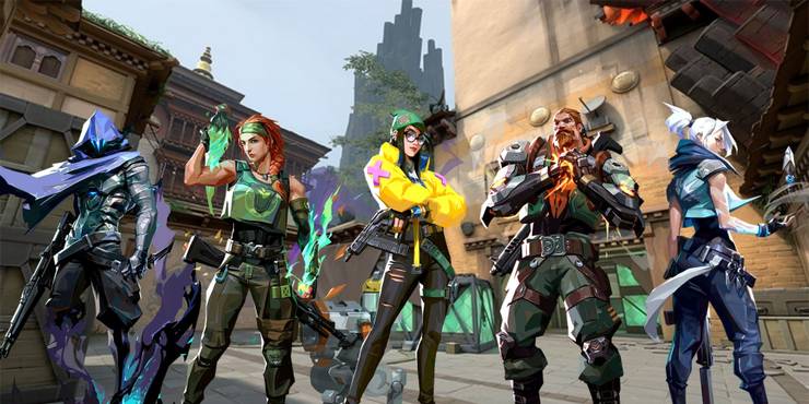 Omen, Skye, Killjoy, Breach, and Jett in front of Haven map