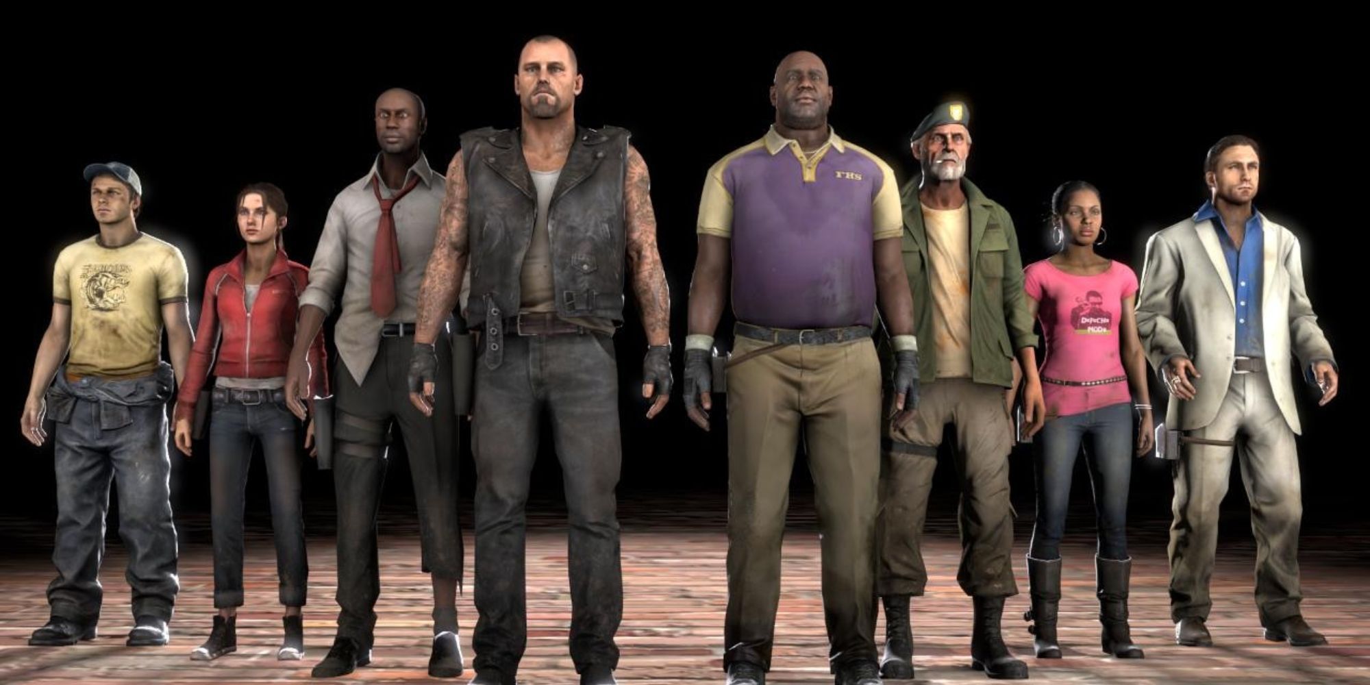 left 4 dead character models stand in a row, l-r: ellis, zoey, louis, francis, coach, bill, rochelle, nick