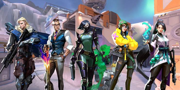 Sova, Chamber, Viper, Killjoy, and Sage in front of Icebox map