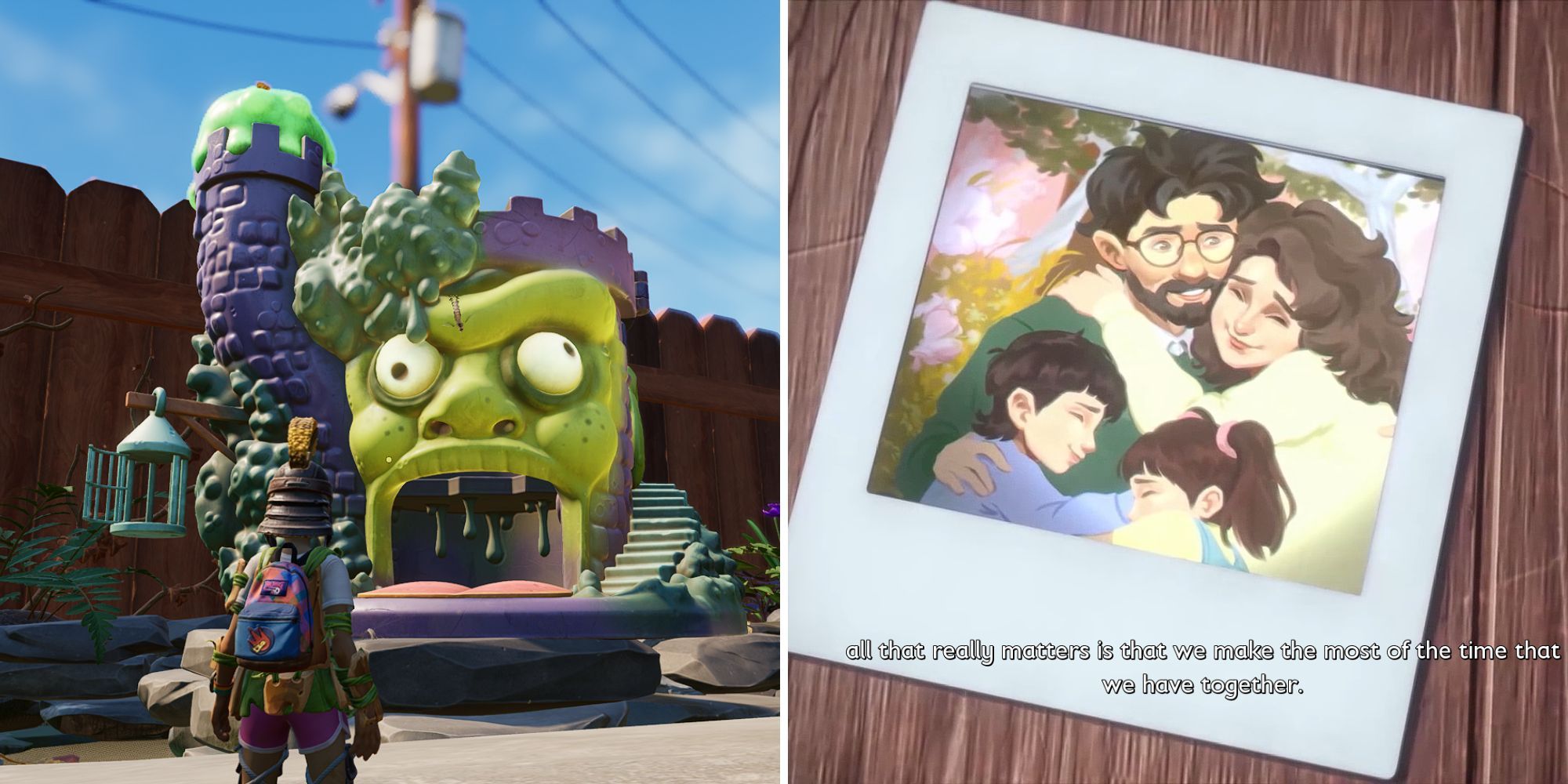 Left: Hoops looks at the Castle Mordoc Playset, which looks like a purple castle with goo pouring down and a green face as an entrance;  right: A Polaroid on a wooden table shows Dr. Wendell being embraced by his wife, Trudy, and their son and daughter