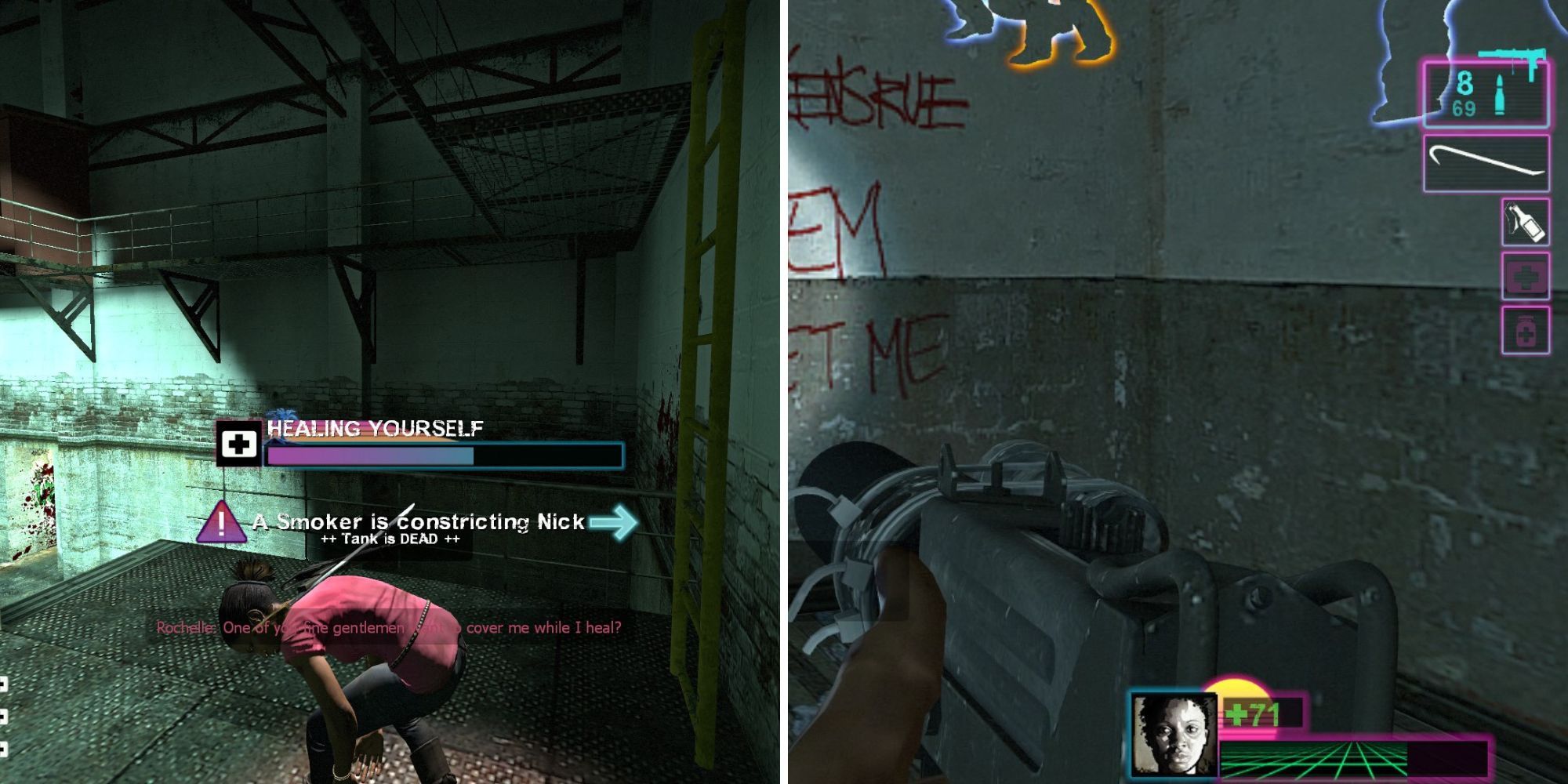 Left: Rochelle heals herself; Right: The HUD showing the HP, equipped weapon, bomb, and melee