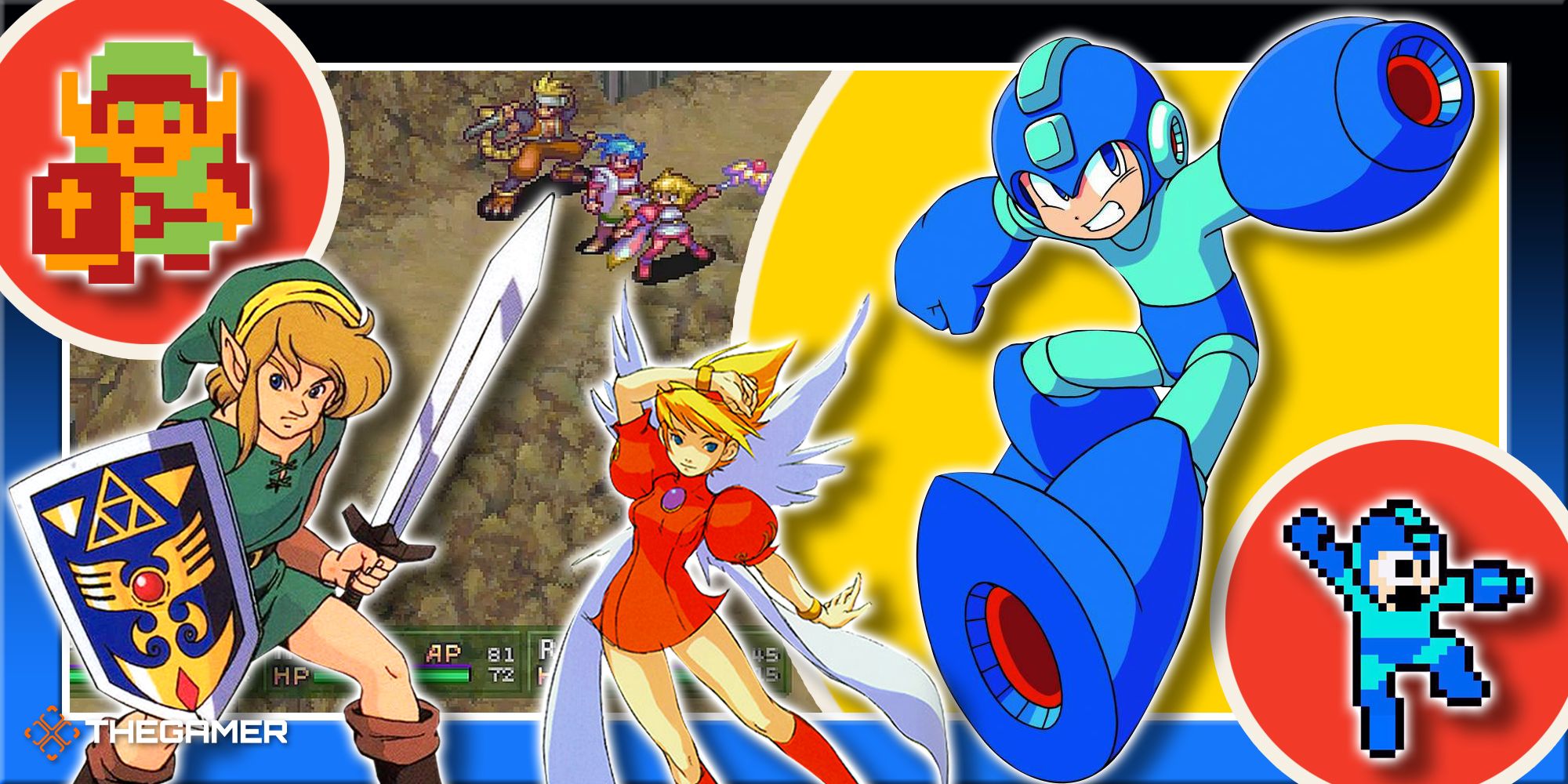 Game art and screen shot from he Legend Of Zelda, Mega Man and Breath Of Fire III