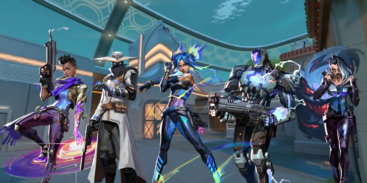 Astra, Cypher, Neon, Kayo, and Fade in front of Pearl map