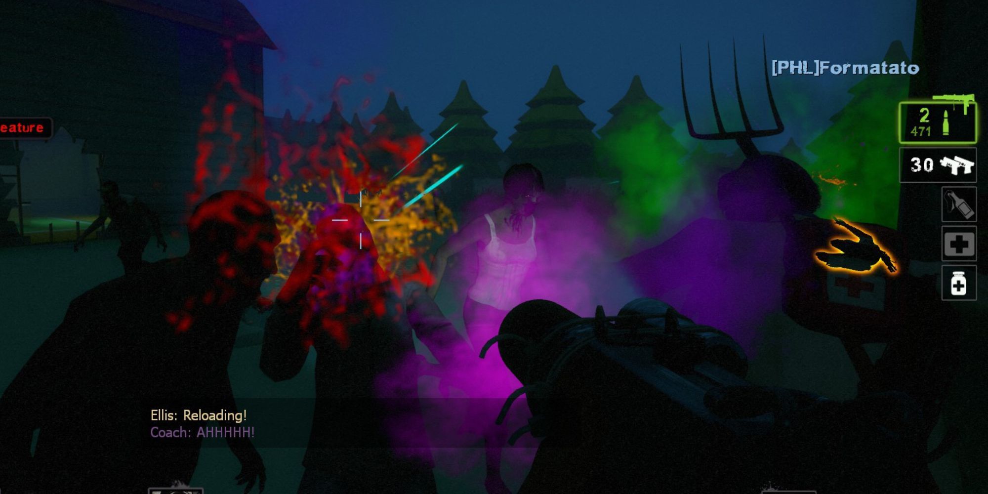 different colors spray into a mist in the air, replacing gunfire and blood spatter