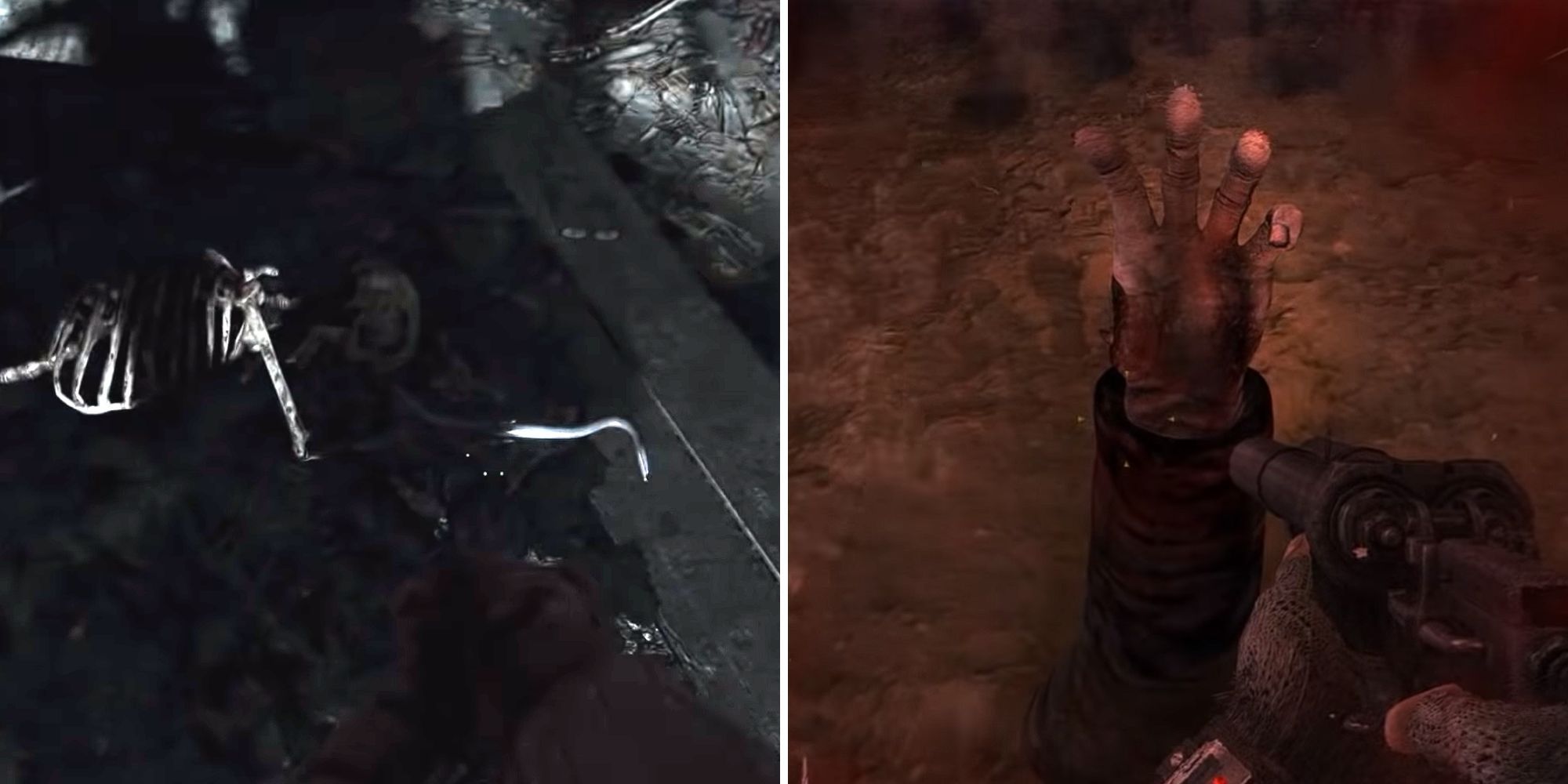 left - a skeleton holding a crowbar under rubble;  right - a hand without a thumb rises above water