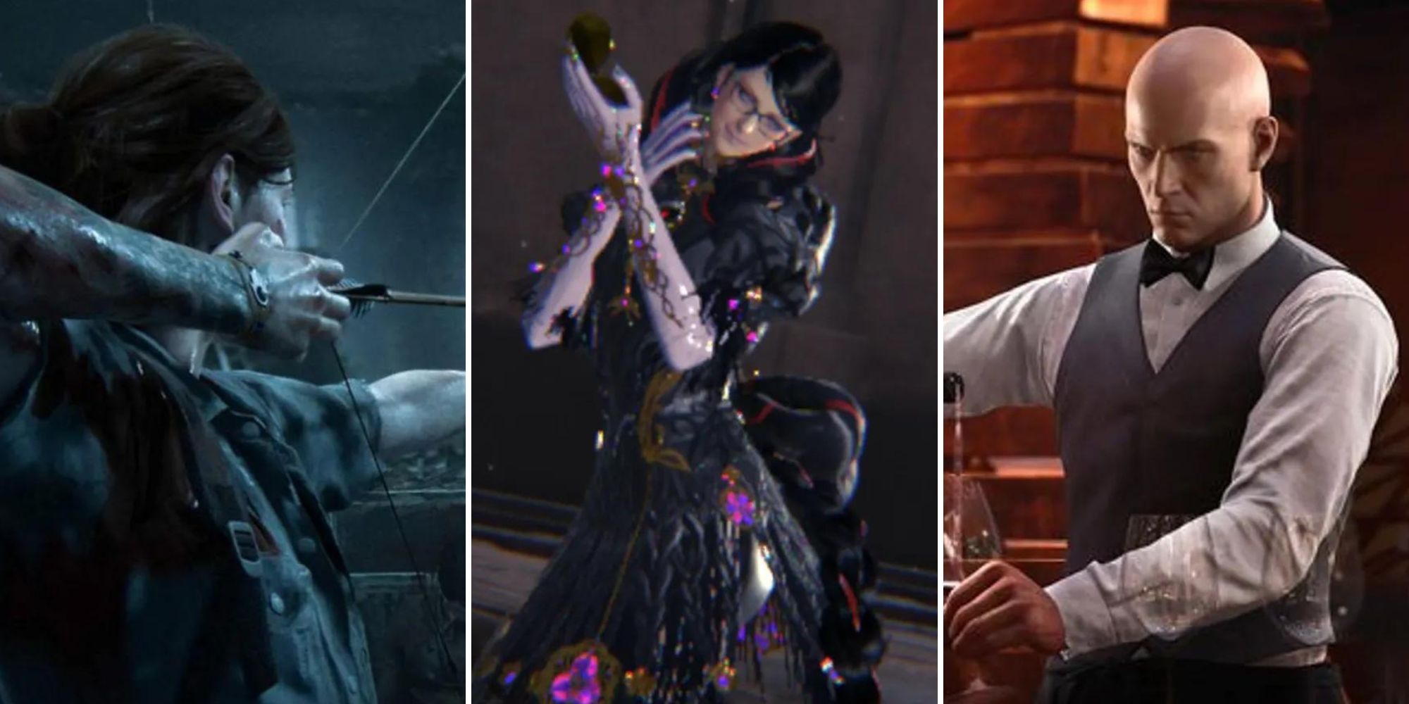 Three photos. From left to right - Ellie Williams using a bow in The Last of Us 2. Bayonetta 3 idle animation. She is wearing a black dress. The final photo is Agent 47 disguising as a bartender and pouring a glass.
