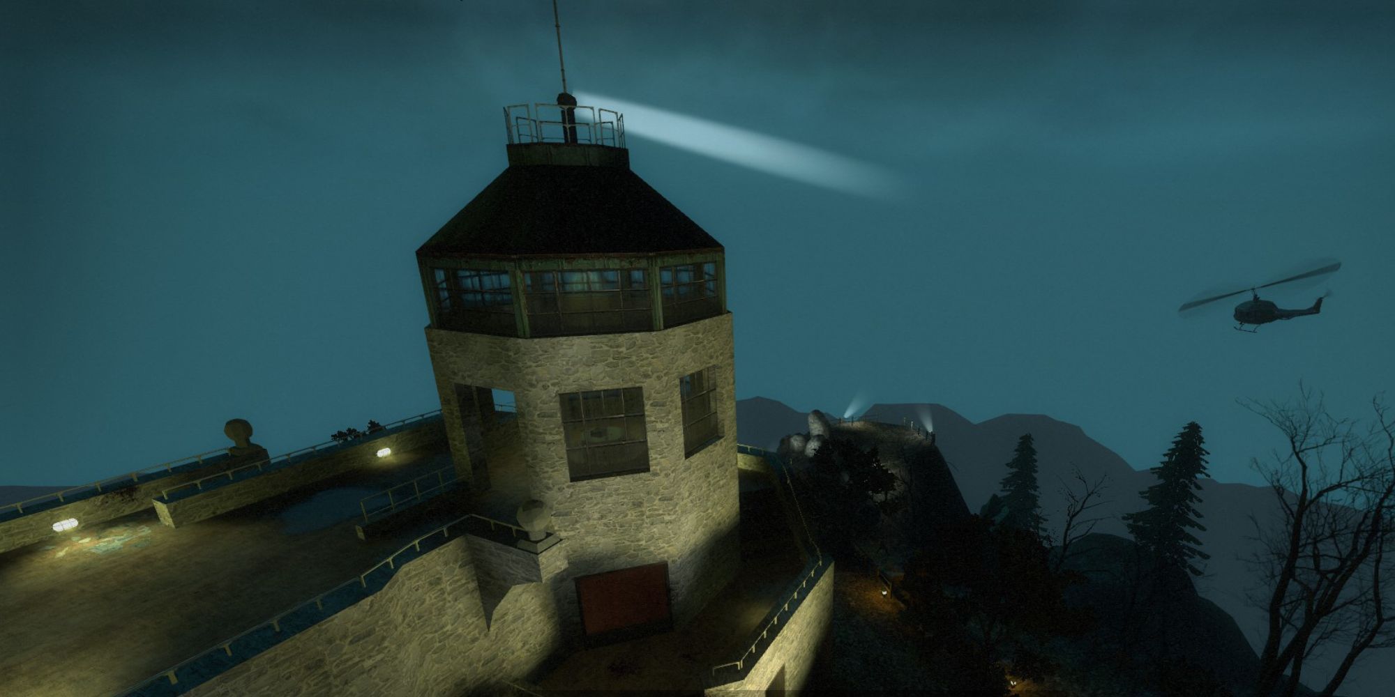 players escape on a helicopter from the final safehouse atop Devil Mountain