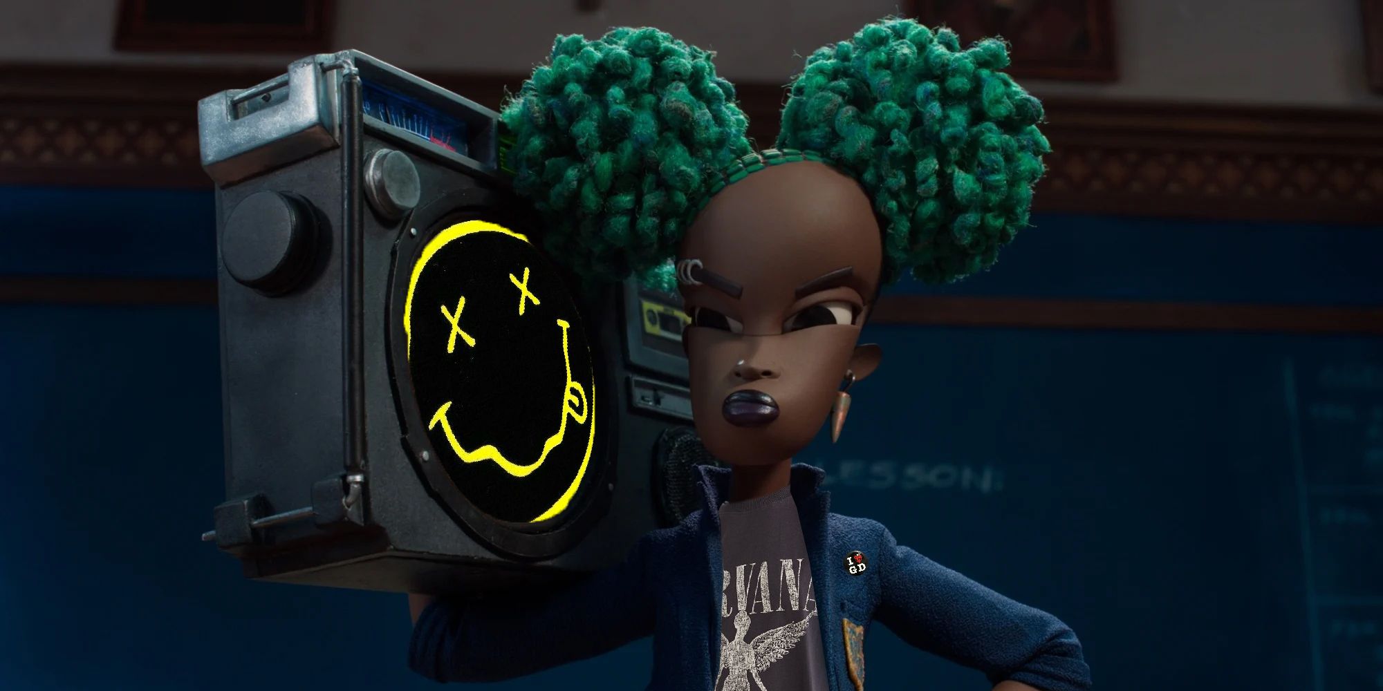 Kat from Wendell & Wild wearing a Nirvana t-shirt and holding a boombox with the eye replaced with the Nirvana smiley face