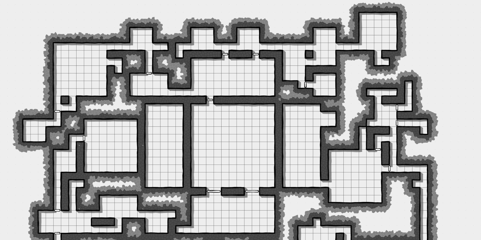 Black and white dungeon map with grid lines in rooms
