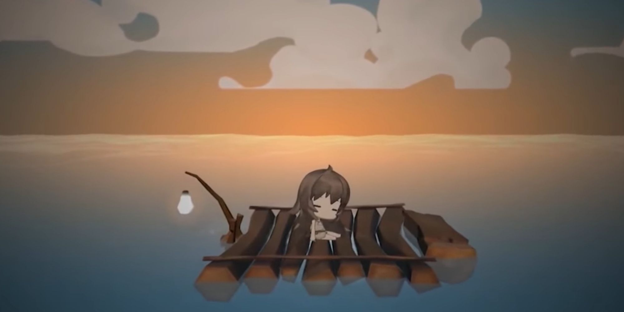 A small girl sitting down on a floating raft in A Girl Adrift.