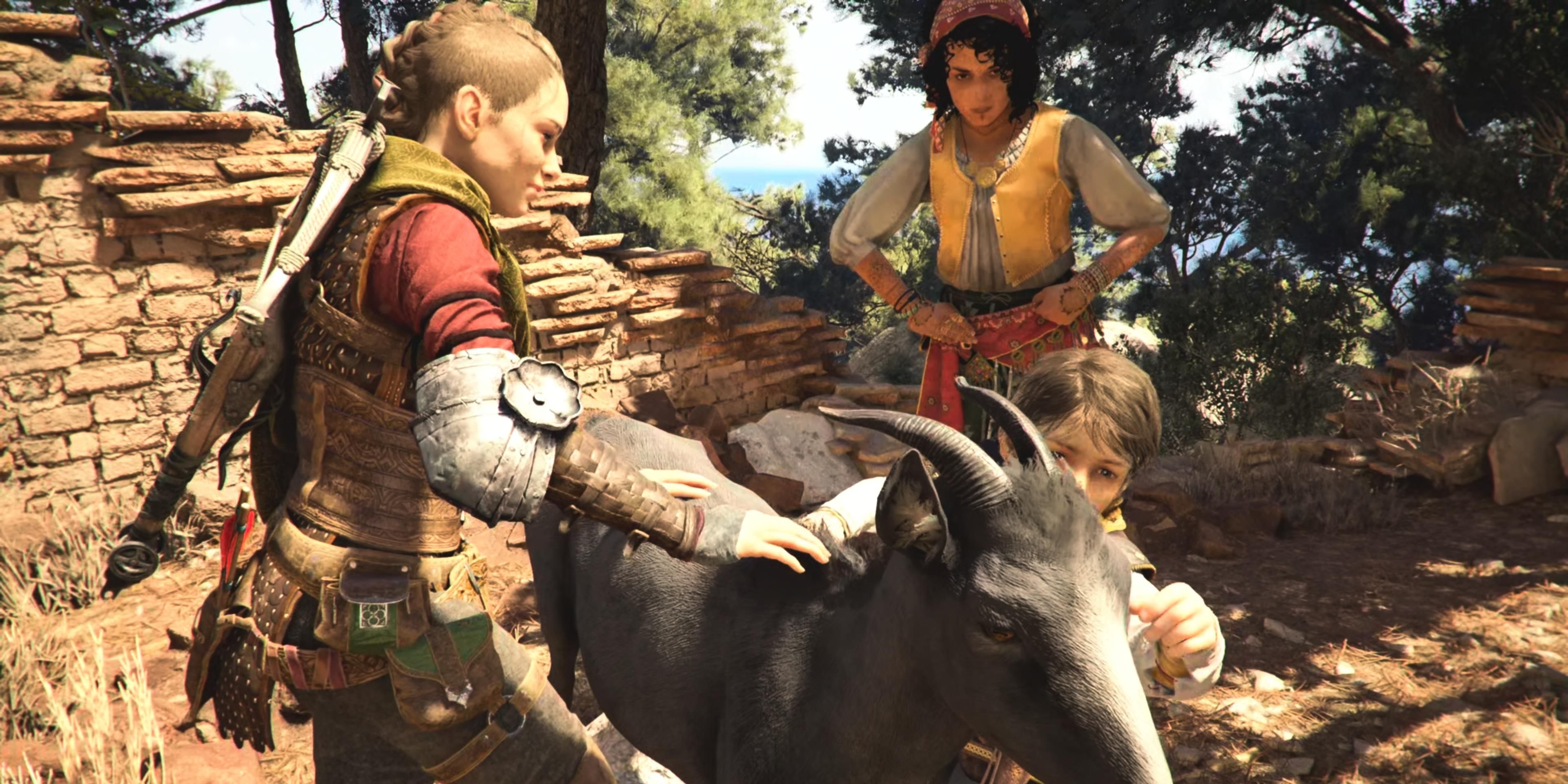 amicia, hugo, and sophia finding the missing goat