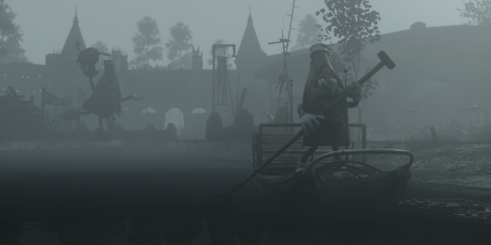 A lake in Fallout 4 covered in thick fog