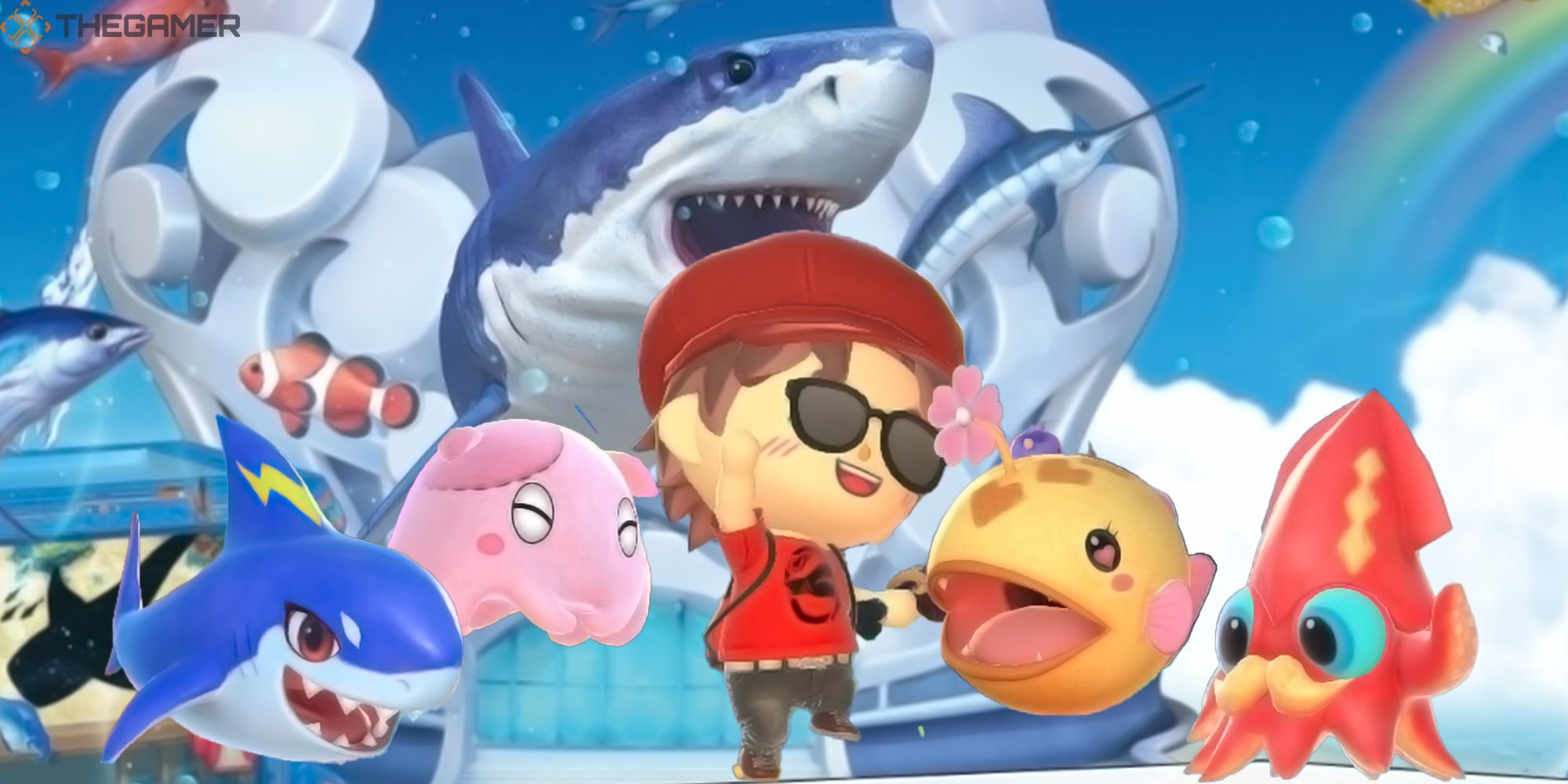 Gnasher, Jack, Angela, Calamari, and a fisherman gather in front of the Marine Medal Mania theme park. Custom image for Ace Angler: Fishing Spirits.