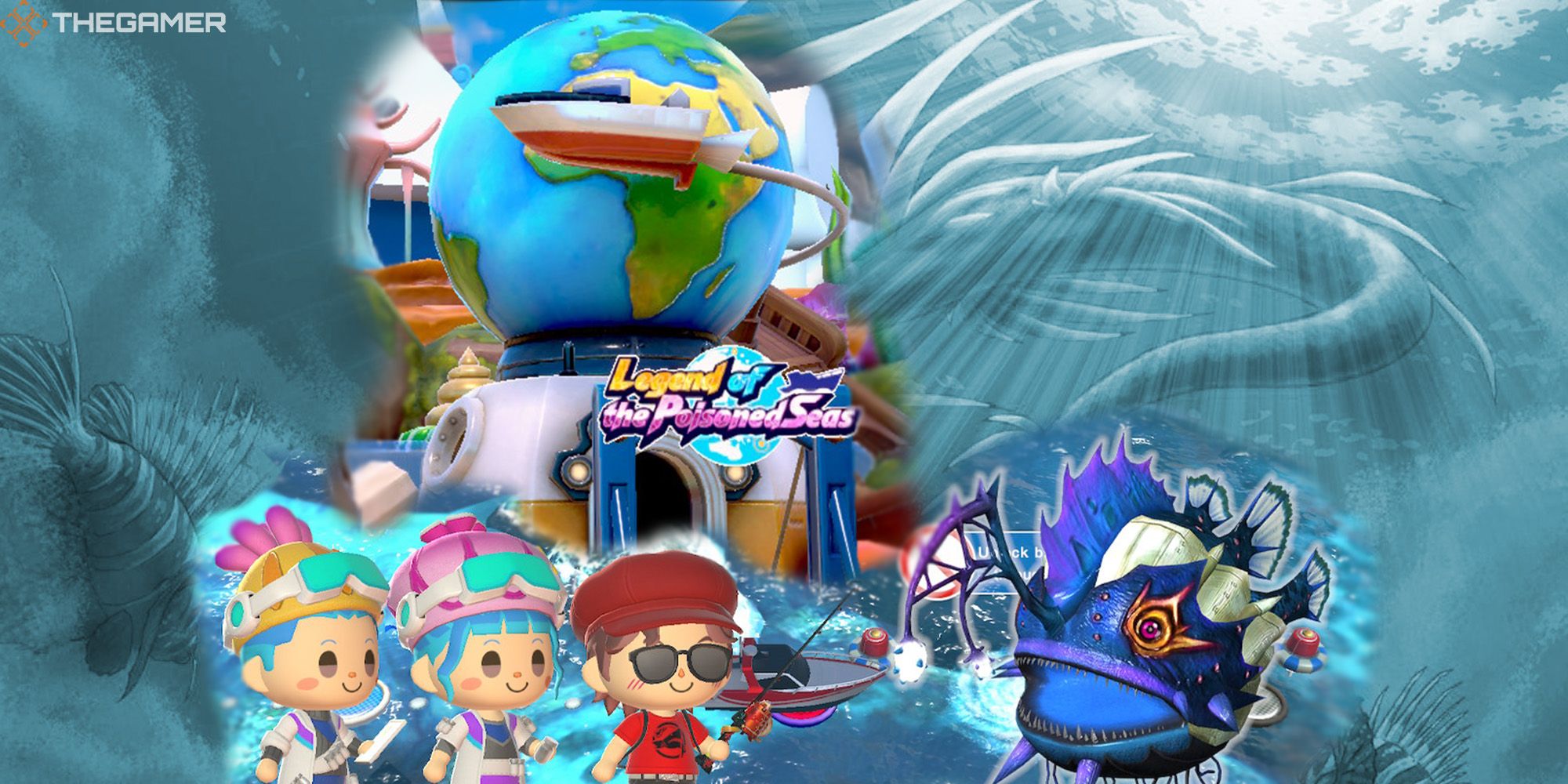 Minato, Nagisa, and a player character speak to an Evil Angler fish in front of the Legend Of The Poisoned Sea attraction. A story scene still from the attraction is behind them. Custom image for Ace Angler: Fishing Spirits.
