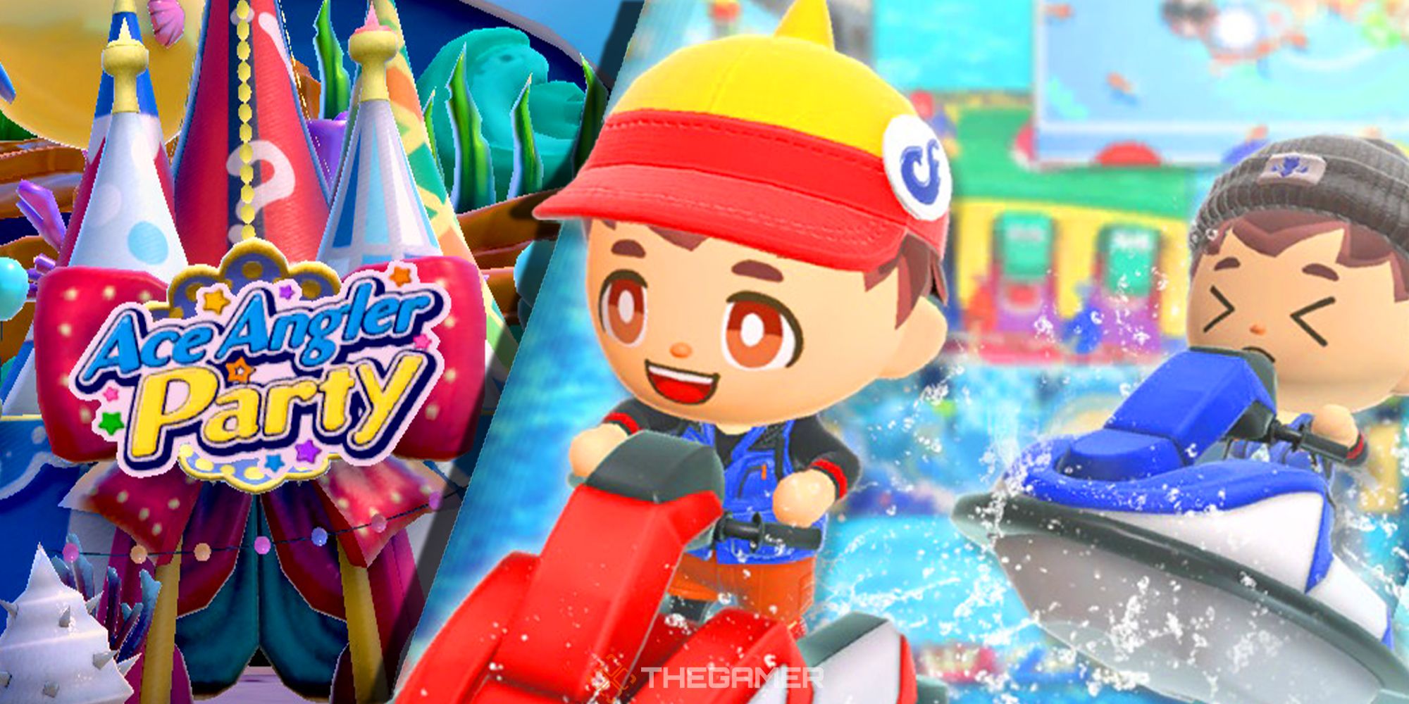 Two chibi characters ride jet skis in front of the Ace Angler Party attraction. Custom image for Ace Angler: Fishing Spirits.