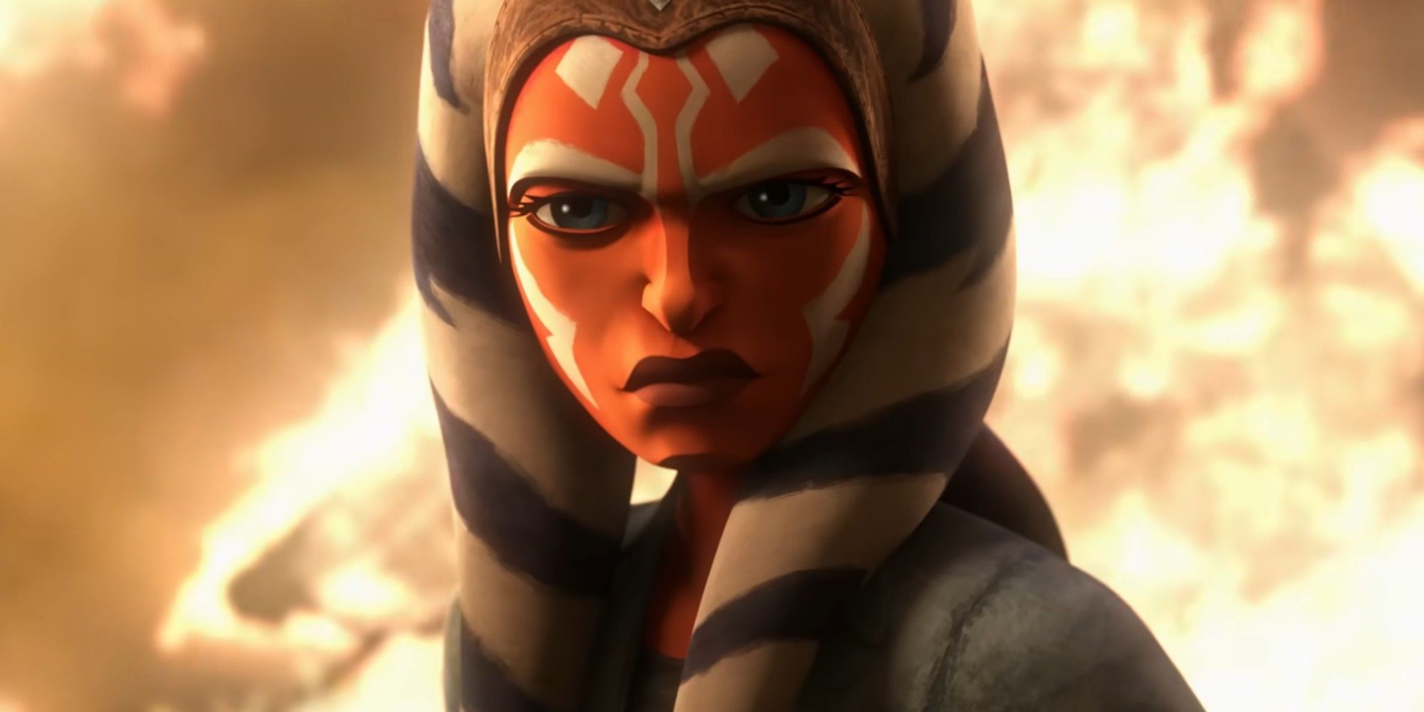 Ahsoka against a fiery background.