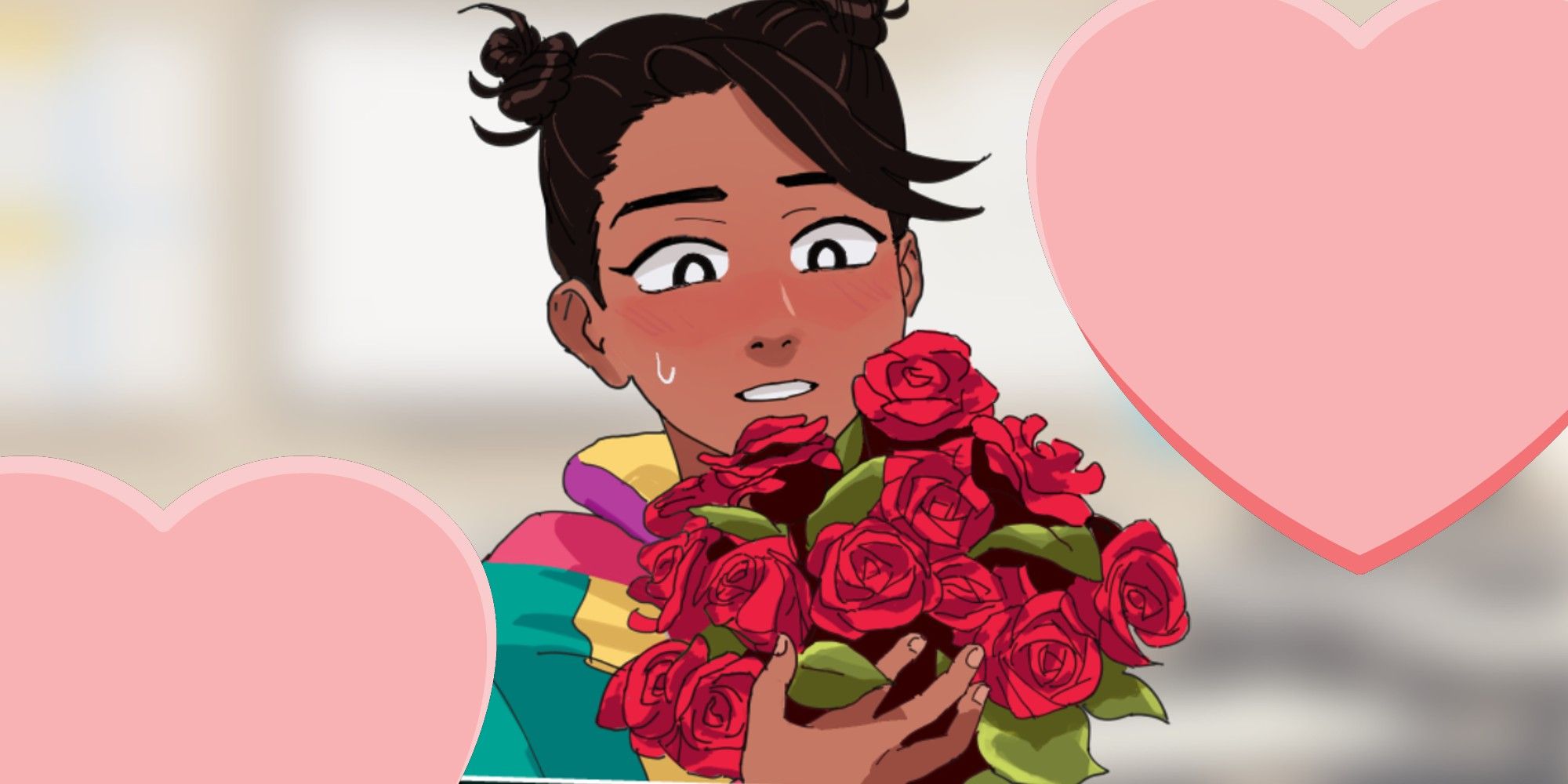 Akarsha from Butterfly Soup 2 with a bouquet if roses, with hearts at the top right and bottom left corner of the image.
