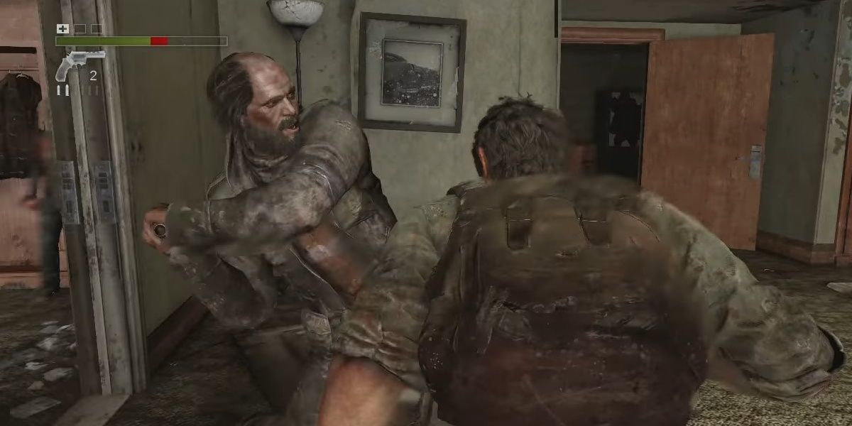 An enemy ambushing Joel from the E3 2012 gameplay showcase of The Last of Us.