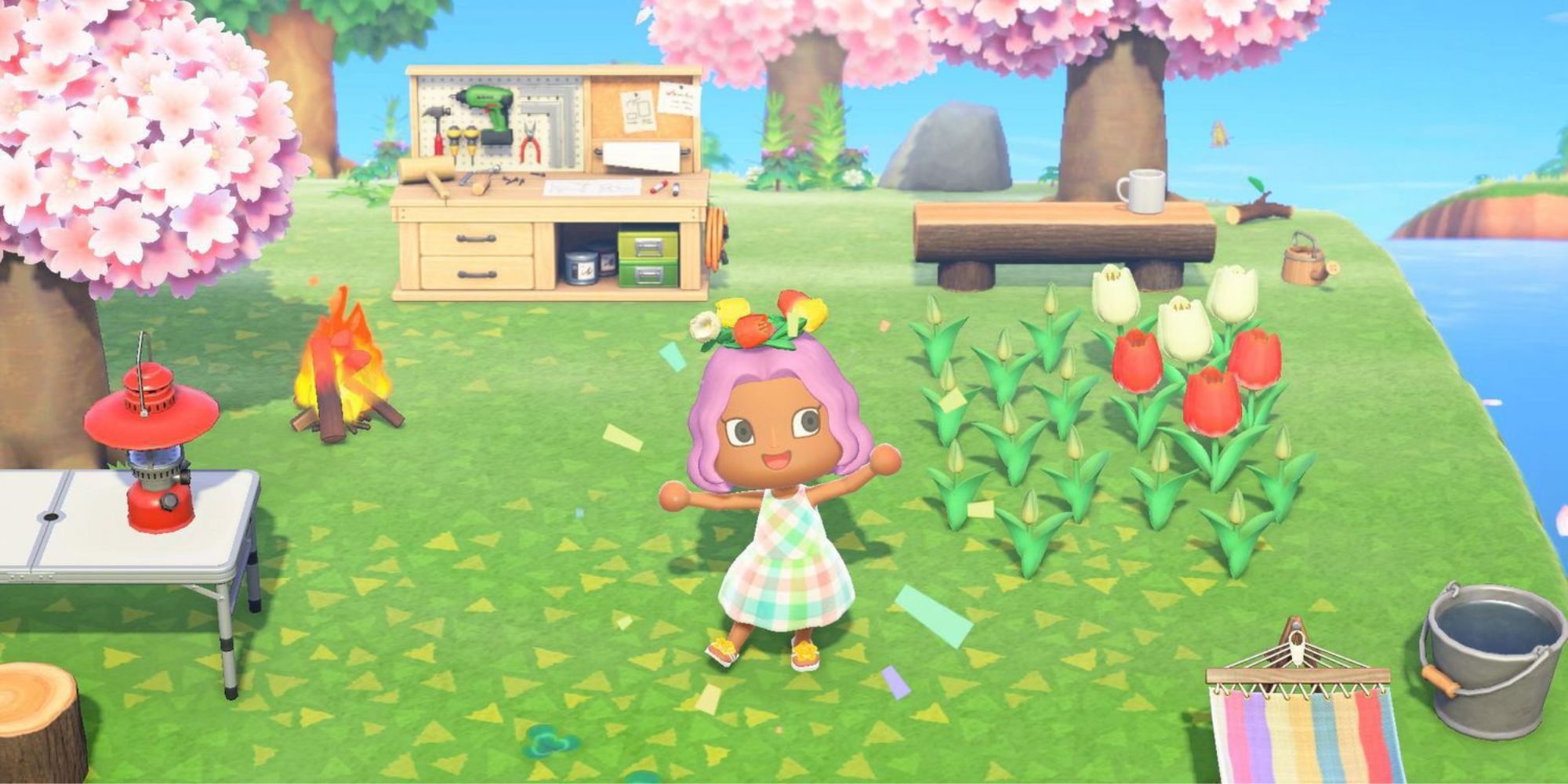 A villager celebrates on her island while wearing flowers on her head