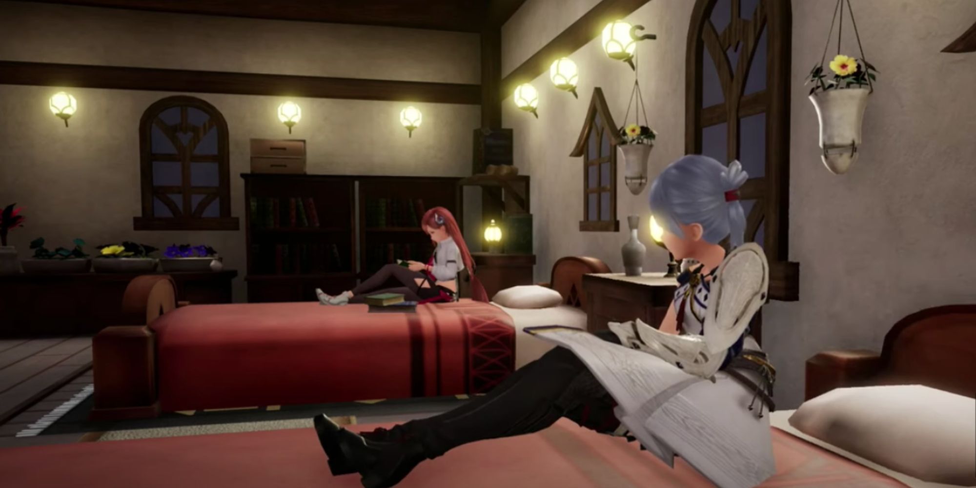 Aria and main character in their two respective beds