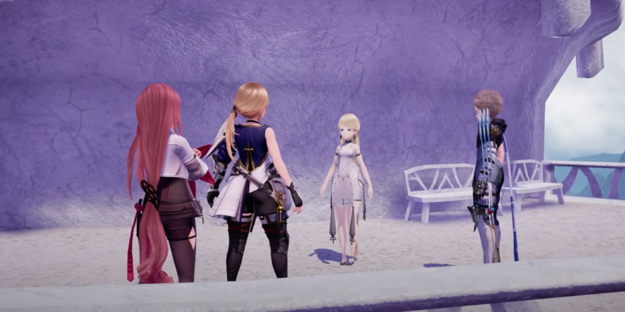 Asyl and main party characters on a purple terrace