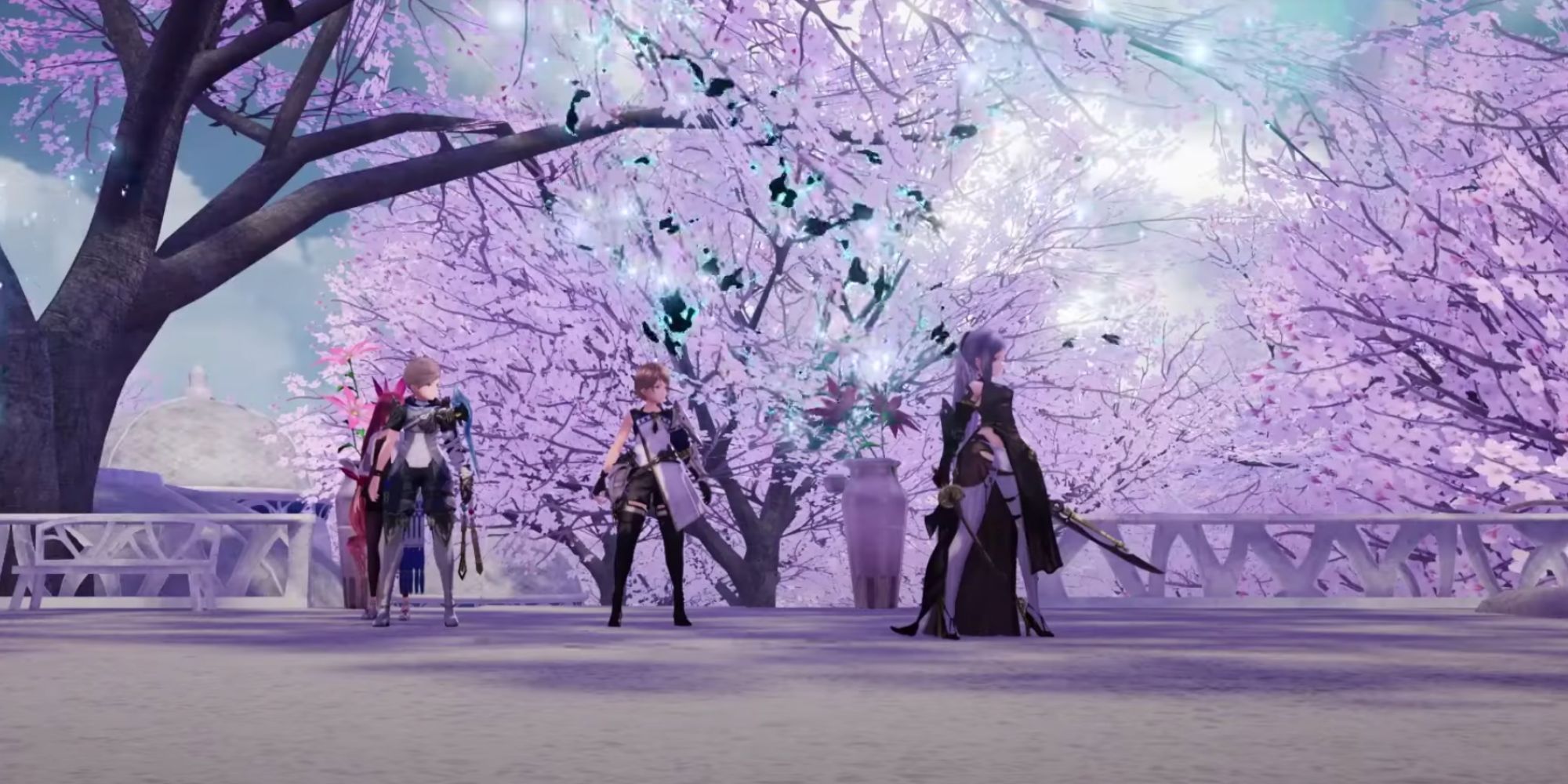 Characters on terrace with purple trees