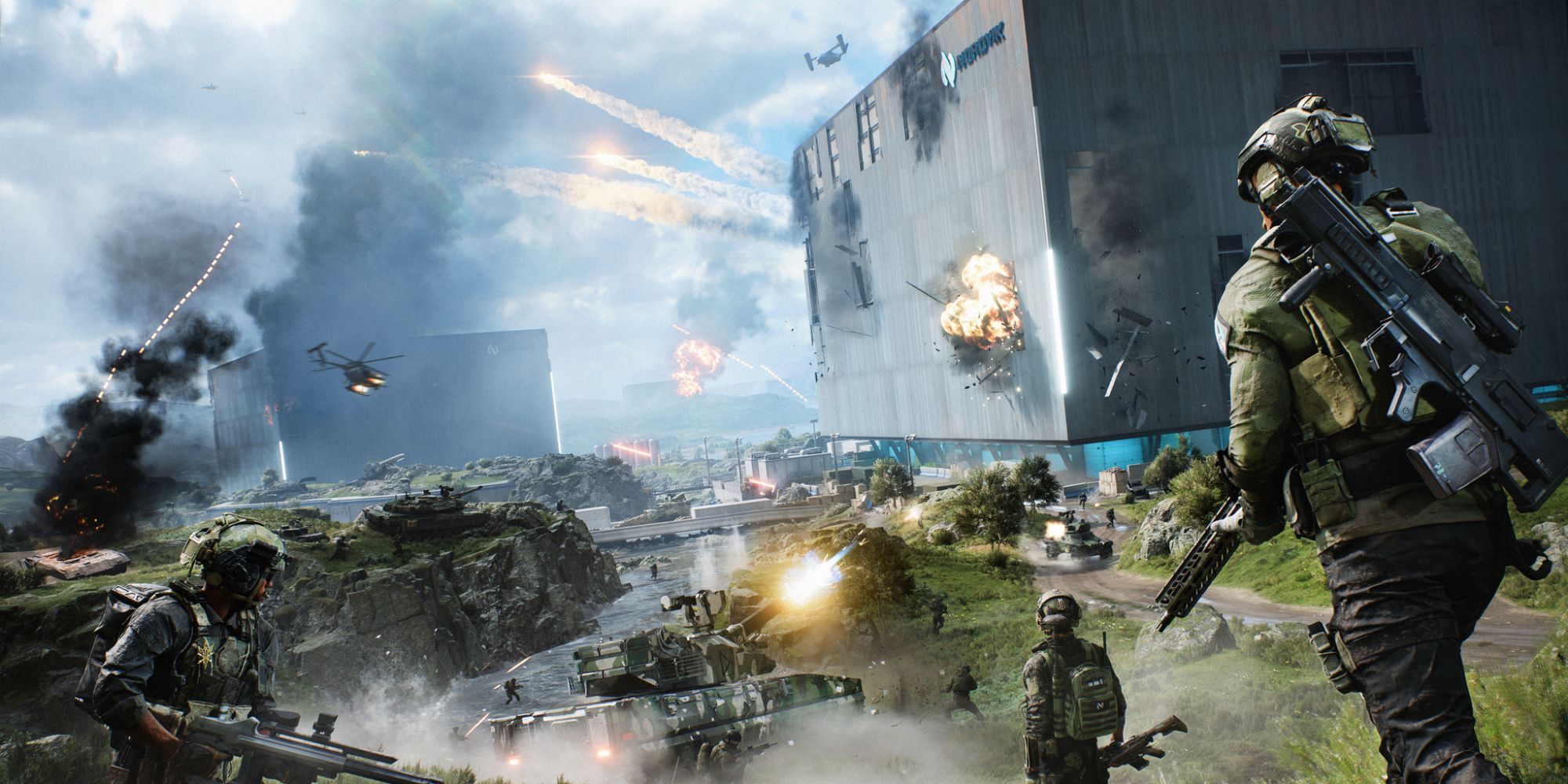 Soldiers and tanks on Battlefield 2042 Season 3's new map, Spearhead.