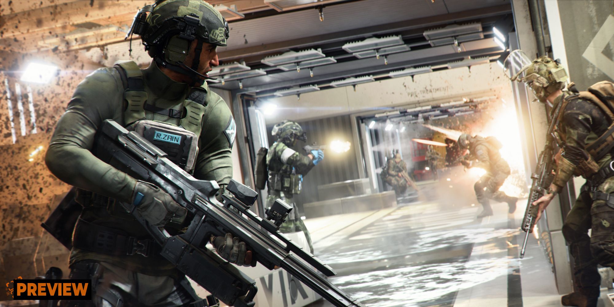 A preview for Battlefield 2042's third season, showing new Specialist Zain in a firefight.