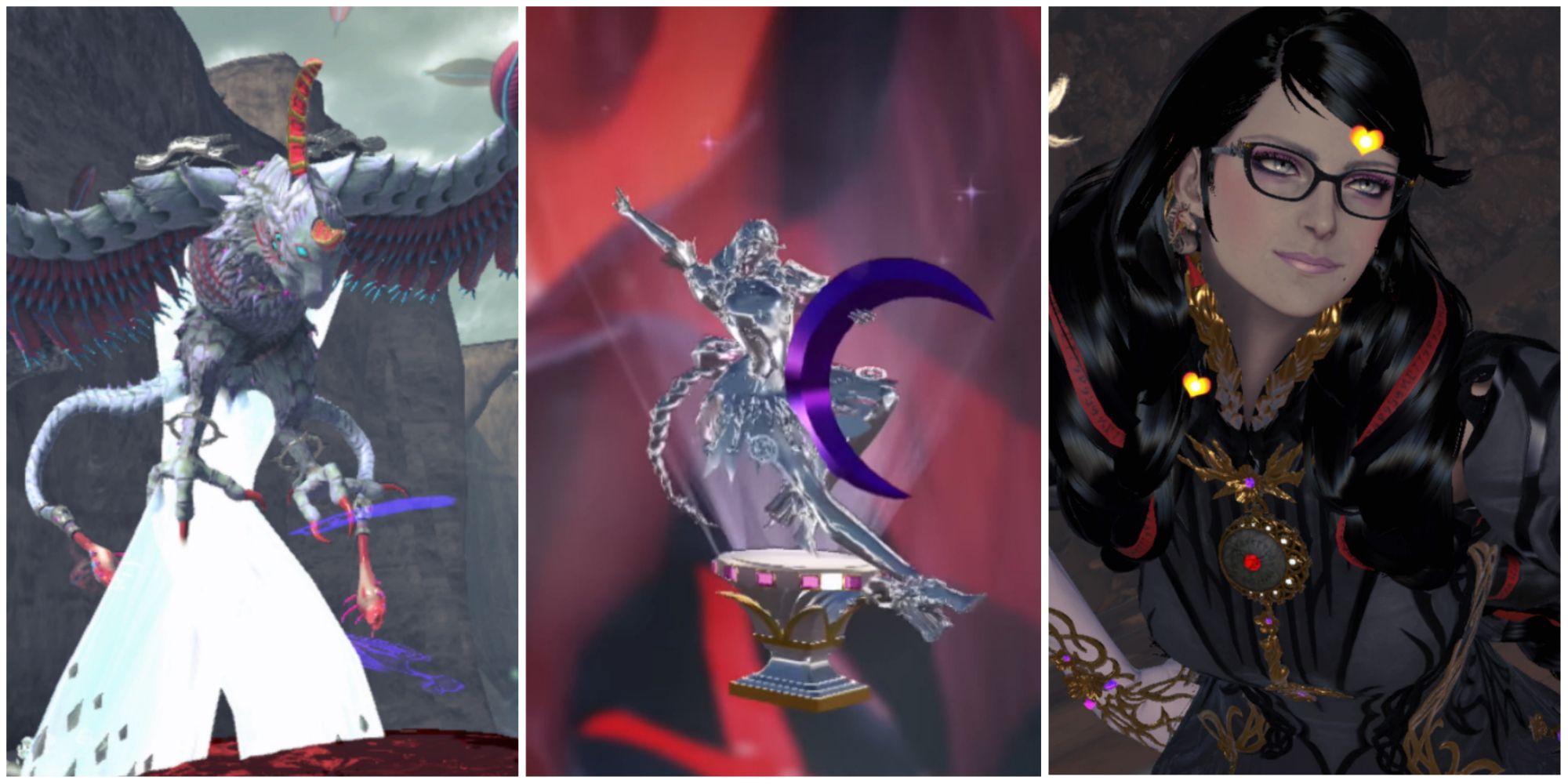 Malphas, a Pure Platinum trophy, and Bayonetta herself in Bayonetta 3.