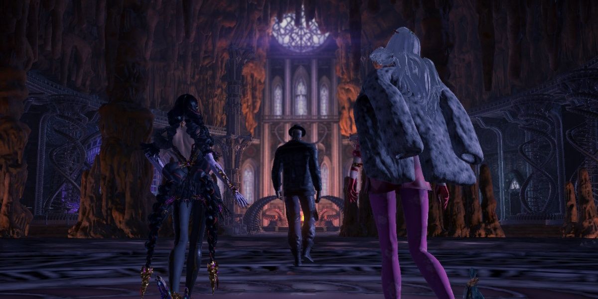 Bayonetta, Rodin, and Jeanne at the Gates of Hell shop in Bayonetta 3.