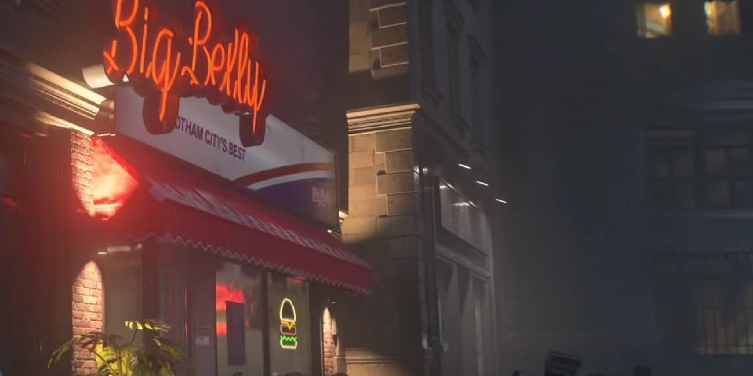 Screenshot of the exterior of the Big Belly Burger establishment in Gotham Knights.
