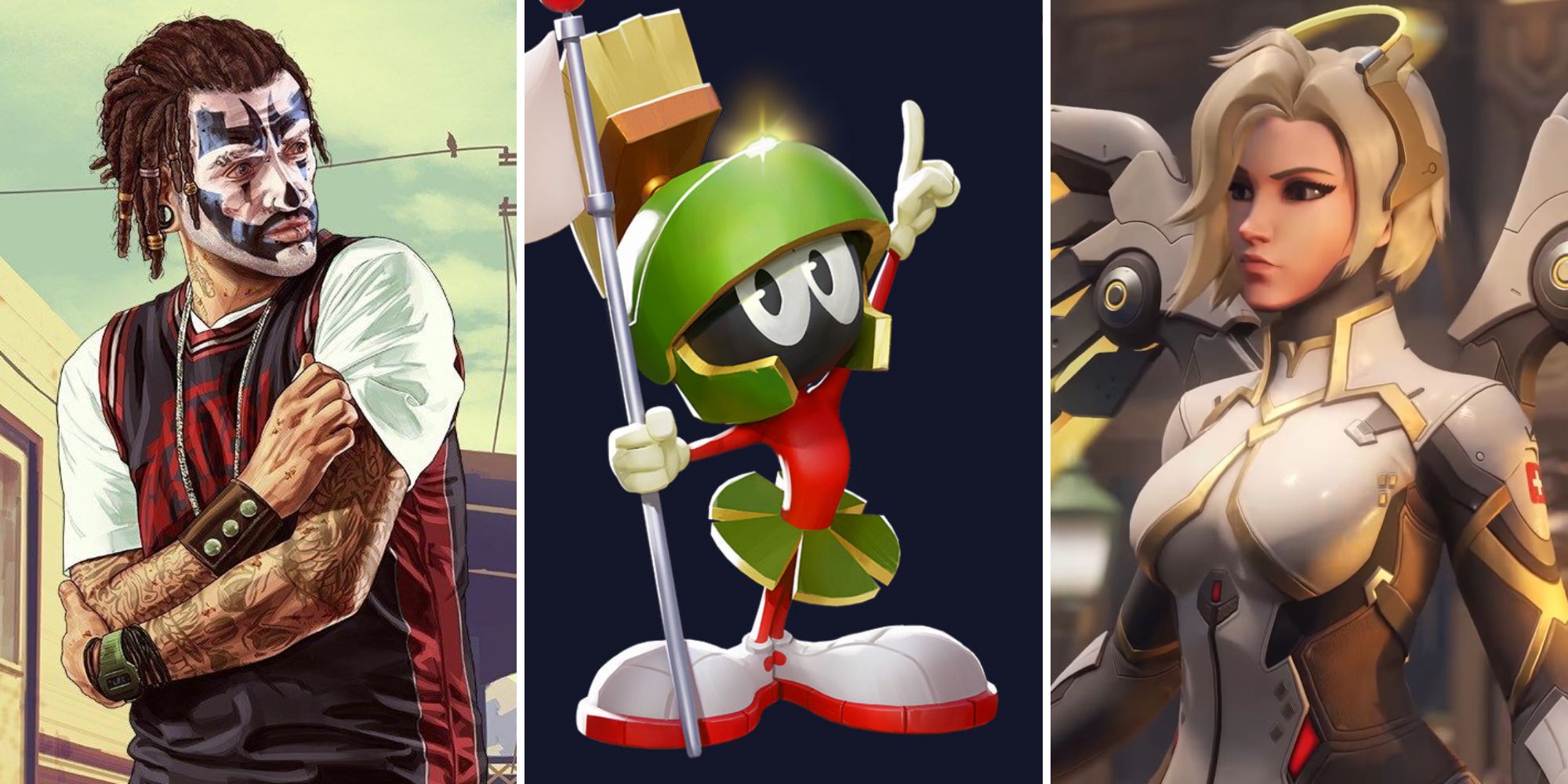 A character from GTA 5, Marvin the Martian, and Mercy from Overwatch