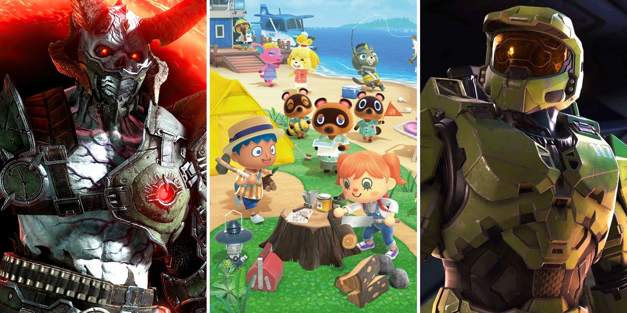 A demon from Doom Eternal, villagers in Animal Crossing, and Master Chief