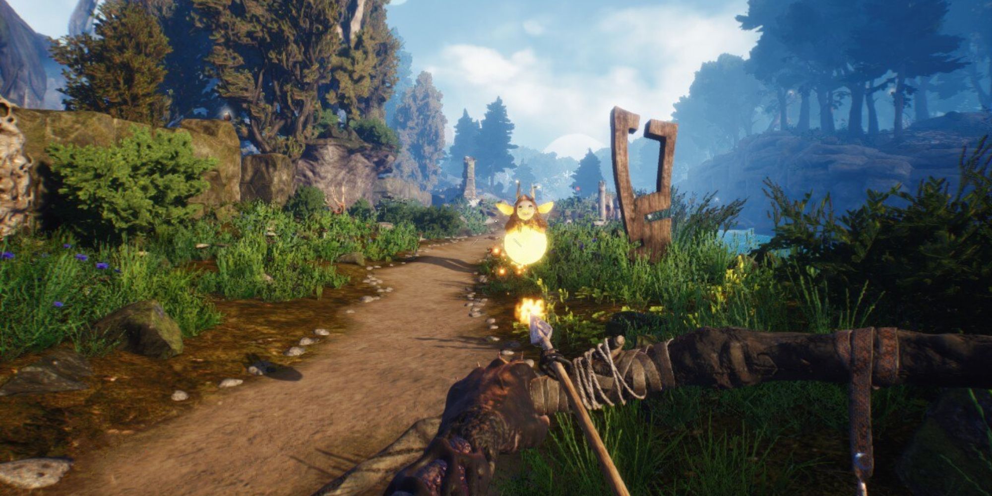 A character aiming a bow at a firely-like creature from a first person perspective