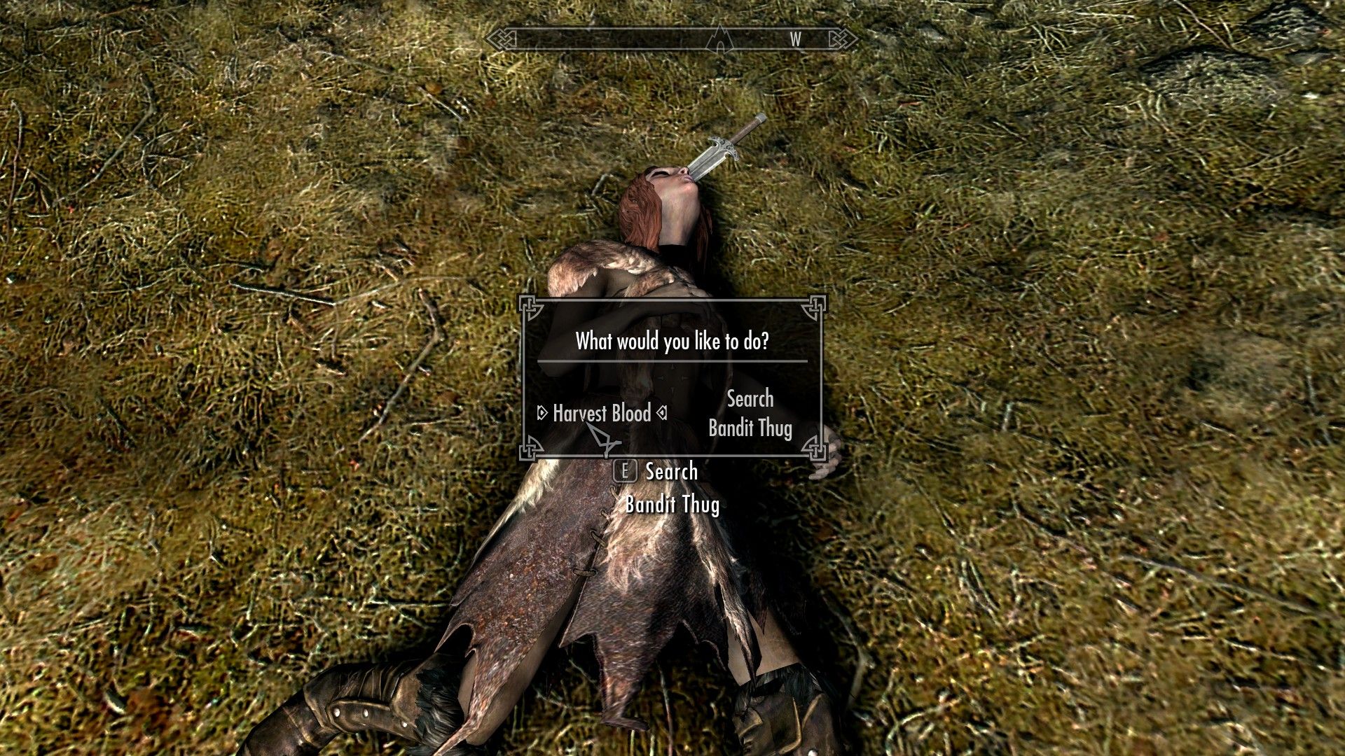 A screenshot depicting a menu for harvesting the blood of a dead Dark Elf laying on a grassy plain.