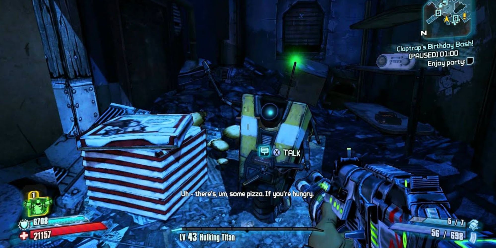 Claptrap hosting his own birthday party offering pizza to the player in Claptrap's Birthday Bash side quest in Borderlands 2