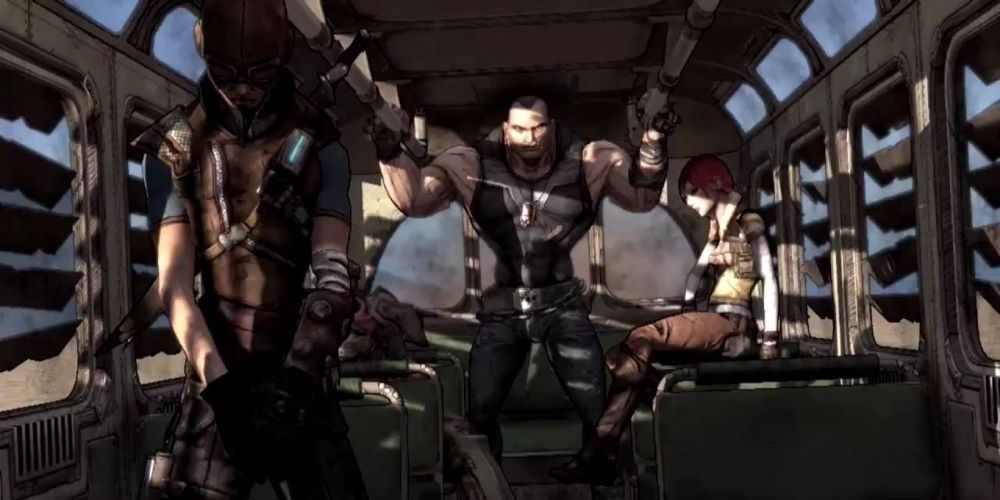 Borderlands Opening Scene with characters in shadows at the back of the bus
