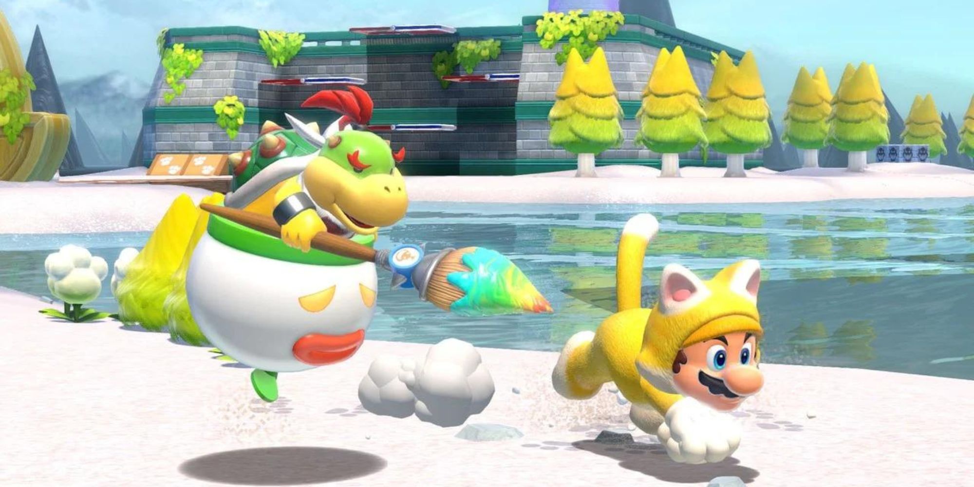 Bowser Jr. rides his clown car beside Cat Mario by the beach