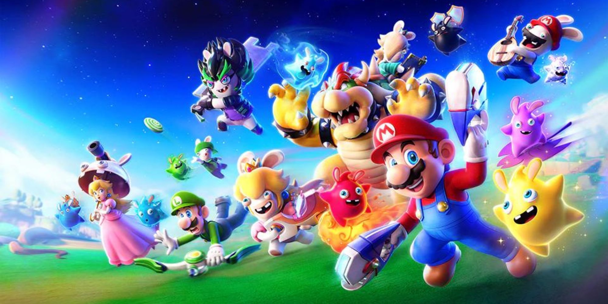 Bowser, Mario, Peach, Luigi, Rabbid Peach, Rabbid Luigi, Rabbid Mario, and Edge run down a hill surrounded by Sparks