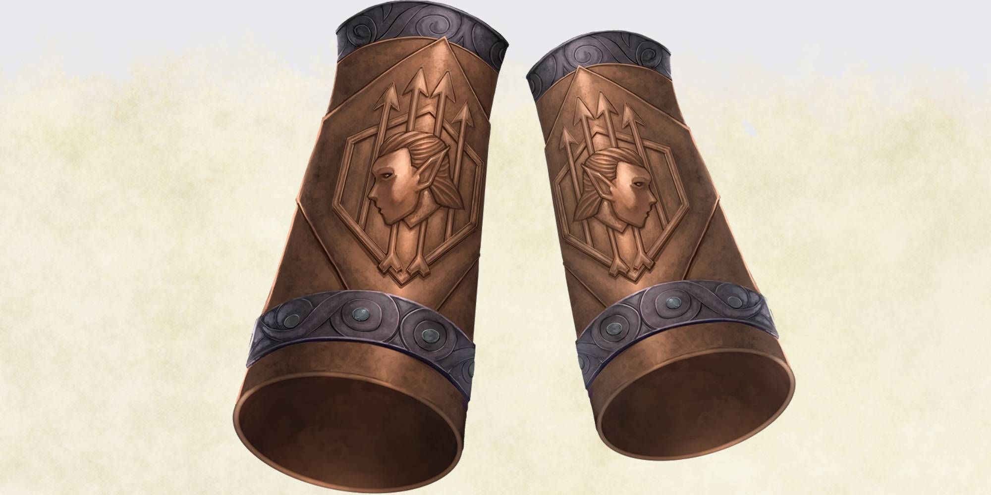 A pair of bracers sit with elven iconography upon them