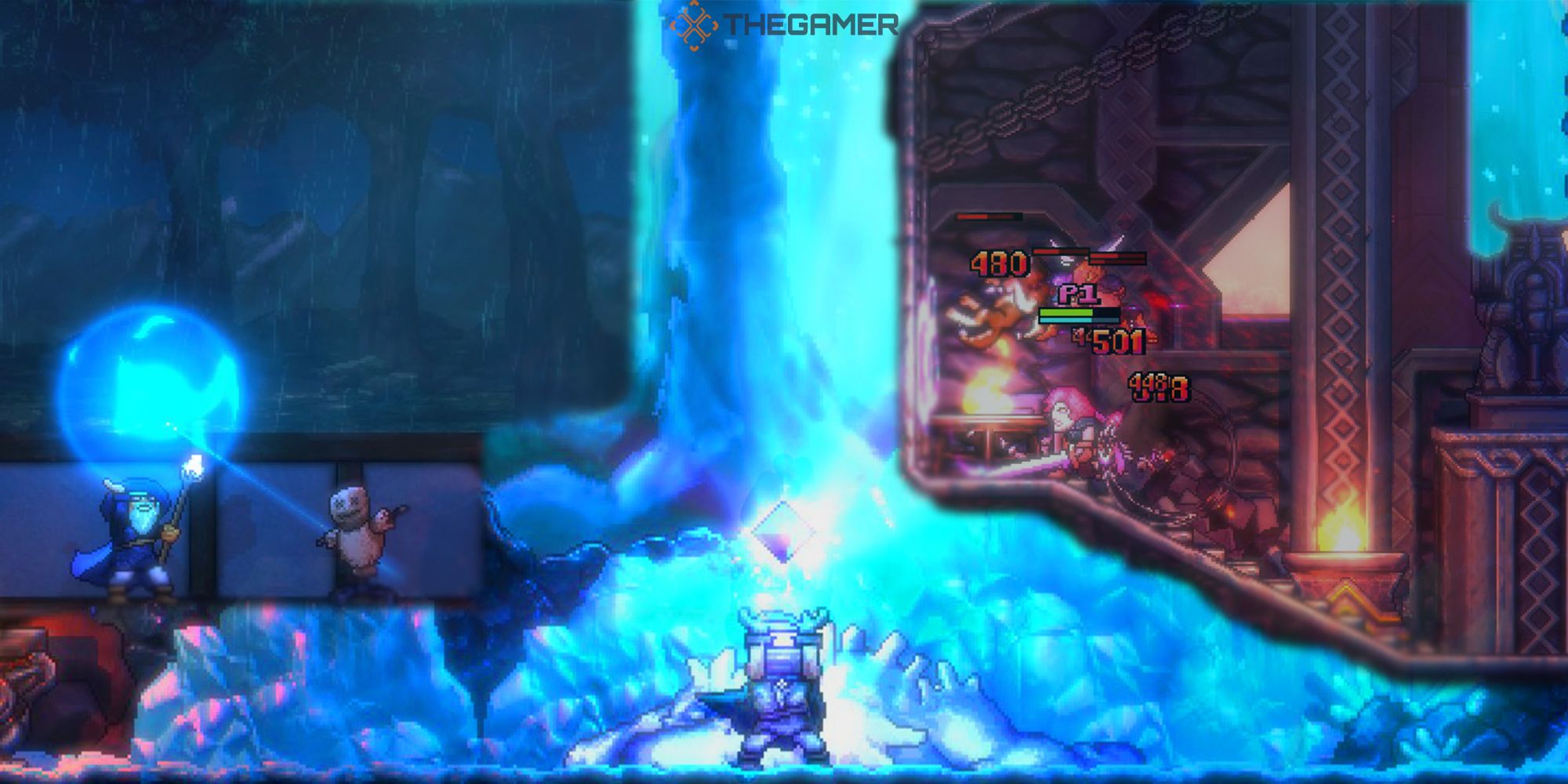 A fusion of Bravery And Greed screenshots featuring The Wizard crafting an Energy Ball in the Training Room,  The Rogue holding a rune in the Ice Caves, and The Warrior fighting off Hordes of monsters.