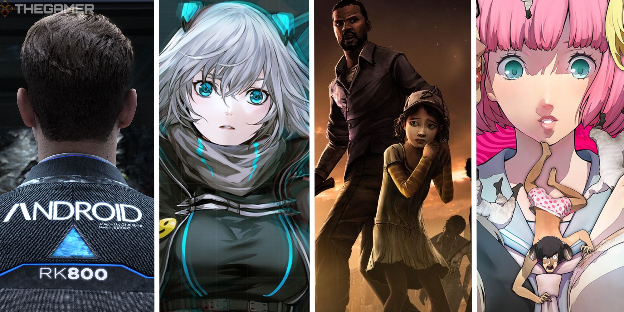 split image with screenshots from detroit become human, icey, the walking dead, and Catherine full body